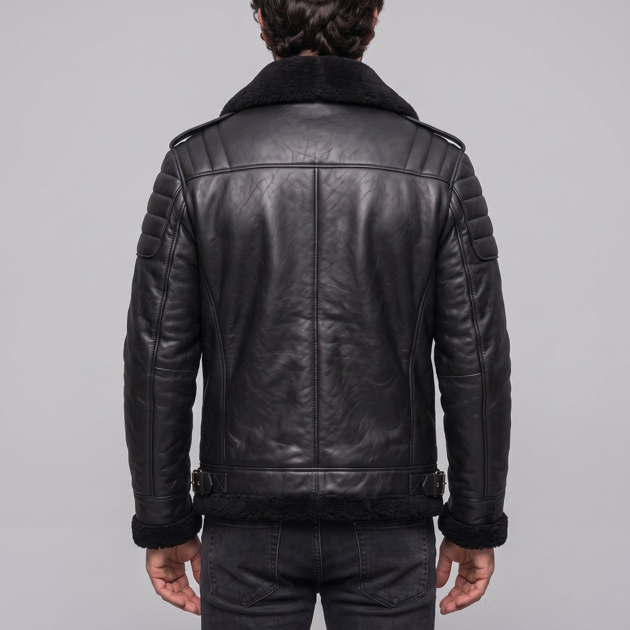Men's Black Shearling-Lined Leather B-3 Bomber Jacket — Ackerton