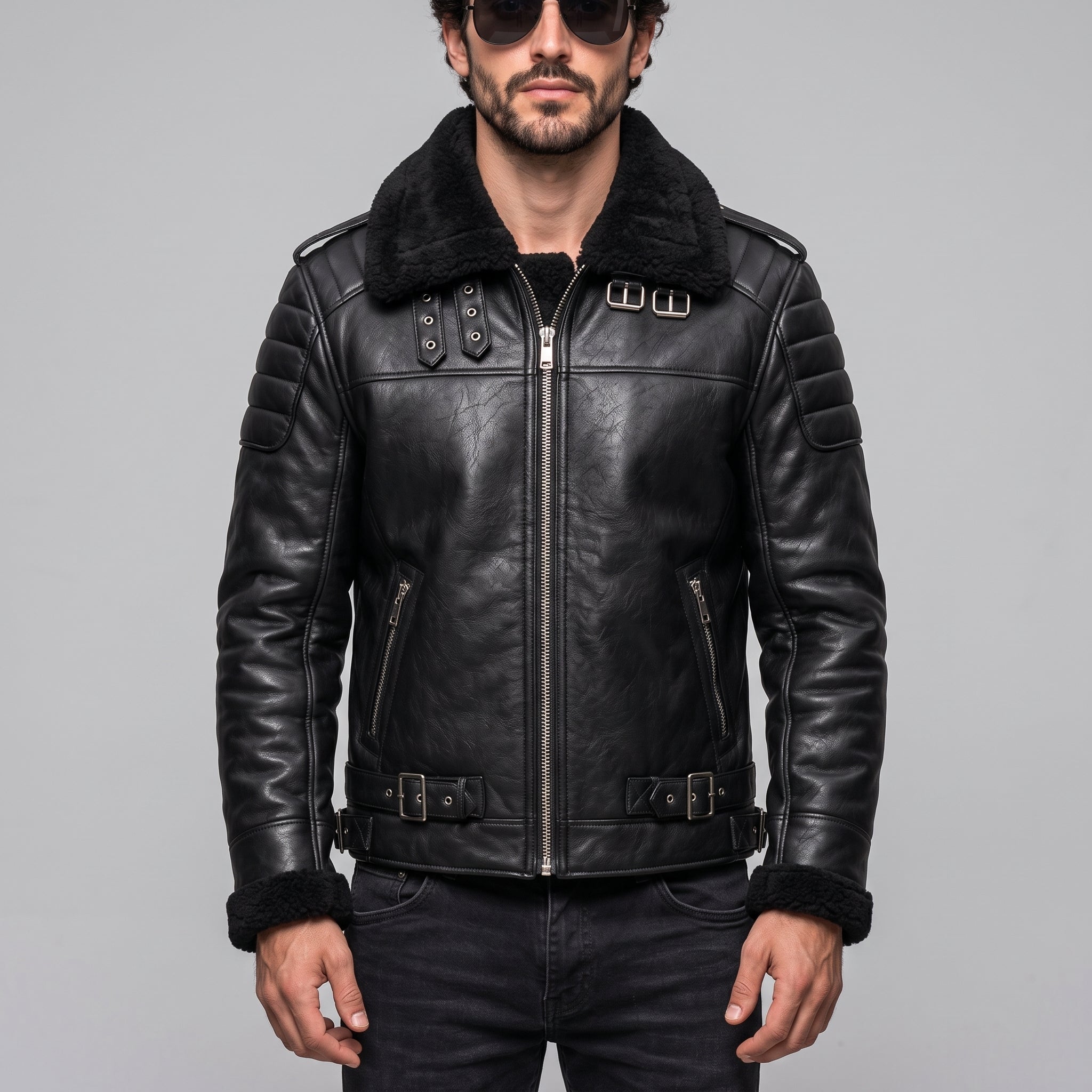 Men's Black Shearling-Lined Leather B-3 Bomber Jacket — Ackerton