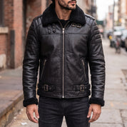 Men's Black Shearling-Lined Leather B-3 Bomber Jacket — Ackerton