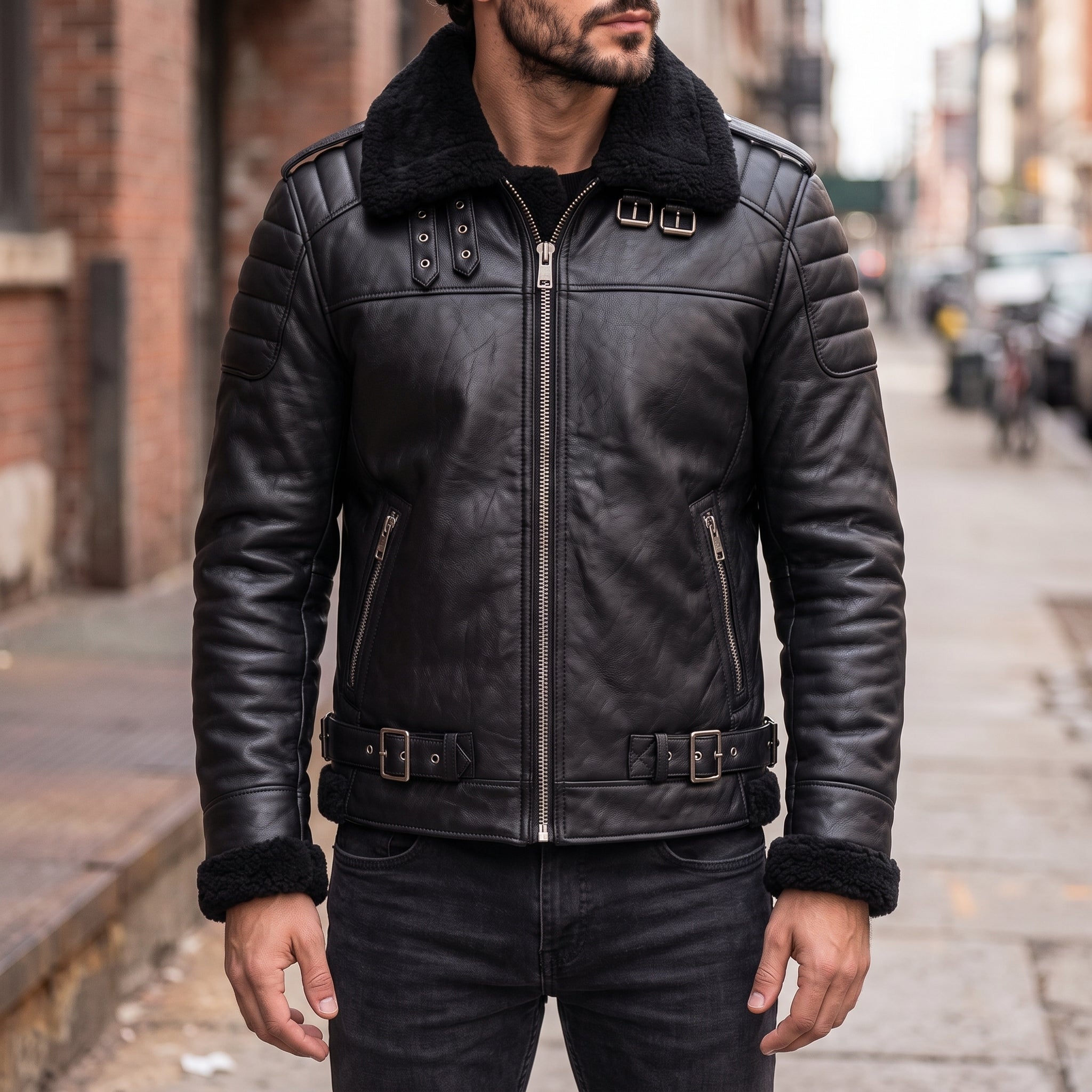 Men's Black Shearling-Lined Leather B-3 Bomber Jacket — Ackerton