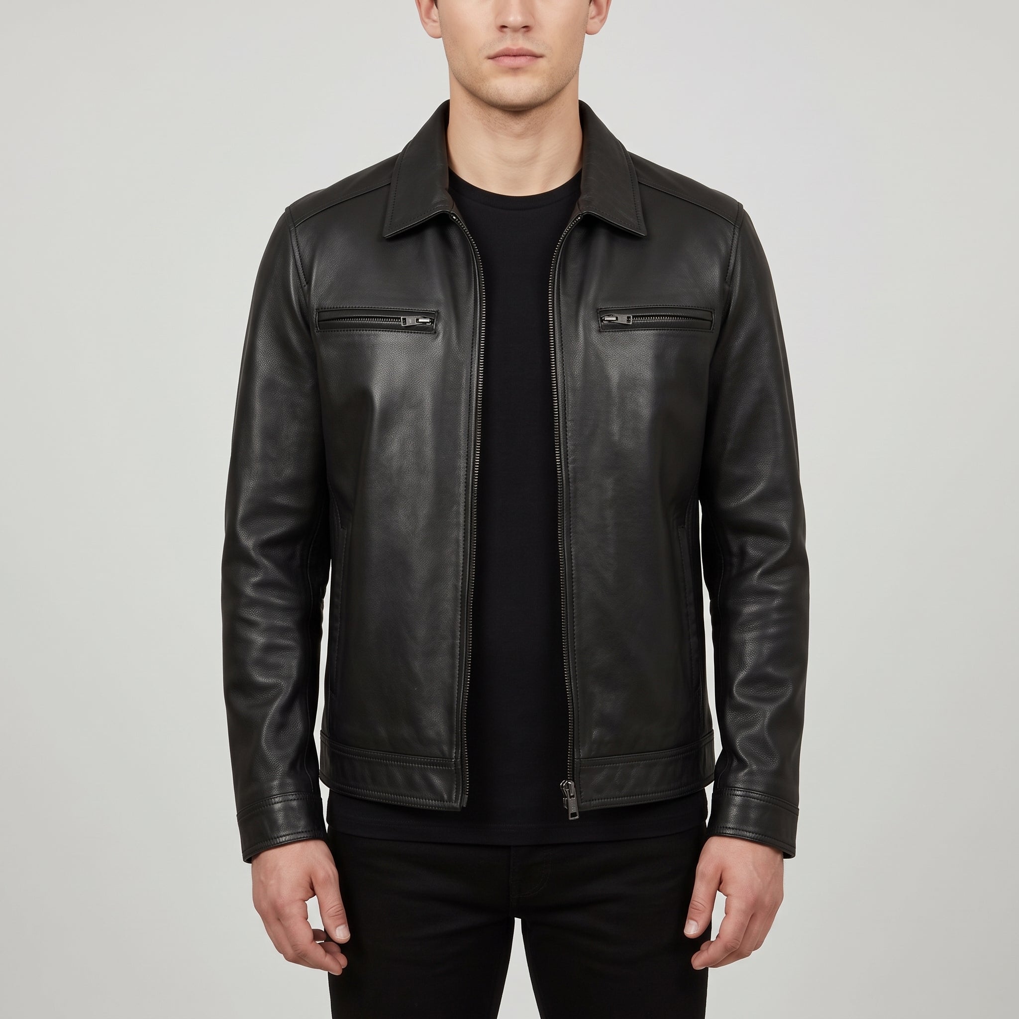 Men's Black Shirt Collar Leather Biker Jacket — Bedminster