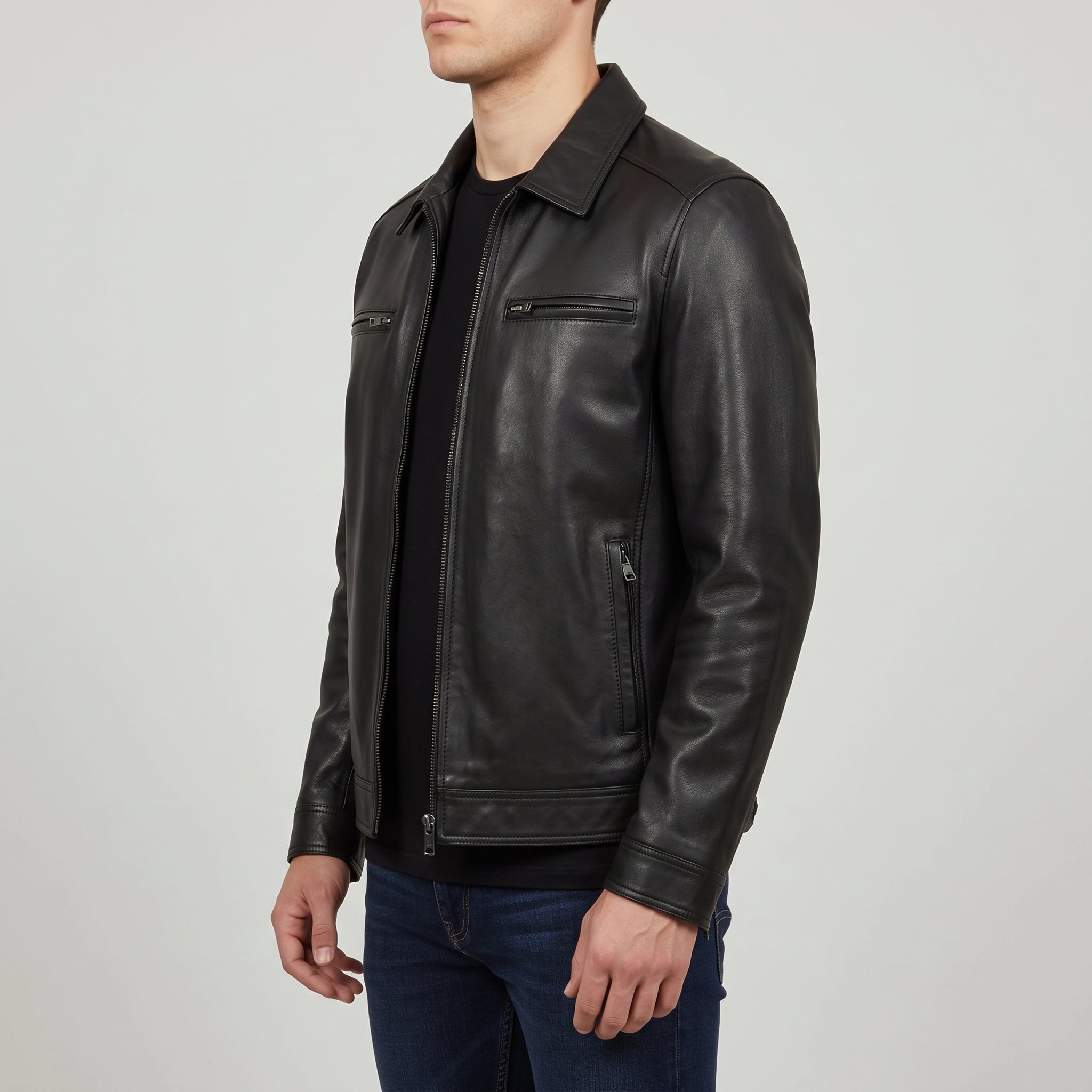 Men's Black Shirt Collar Leather Biker Jacket — Bedminster