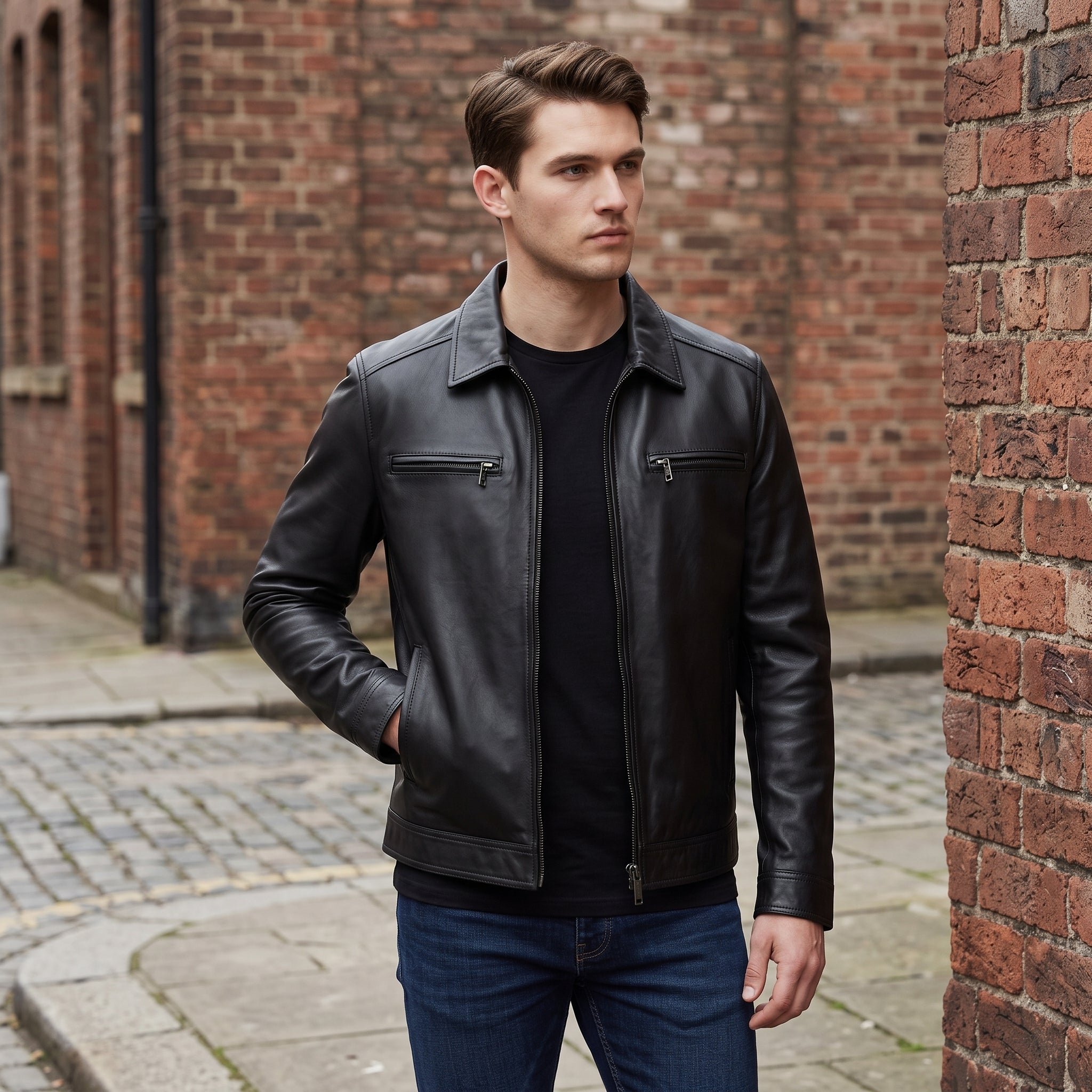 Men's Black Shirt Collar Leather Biker Jacket — Bedminster