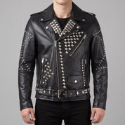 Men's Black Silver Studded Leather Biker Jacket — Greenshaw