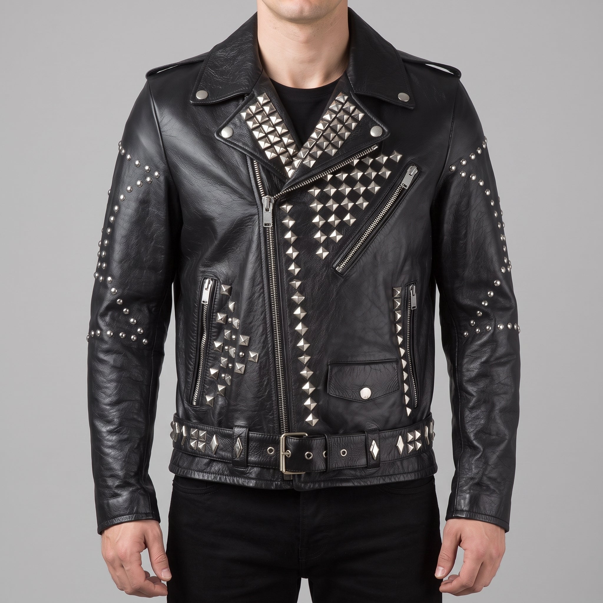 Men's Black Silver Studded Leather Biker Jacket — Greenshaw