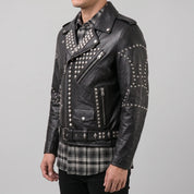 Men's Black Silver Studded Leather Biker Jacket — Greenshaw
