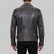 Men's Black Silver Studded Leather Biker Jacket — Nafferton
