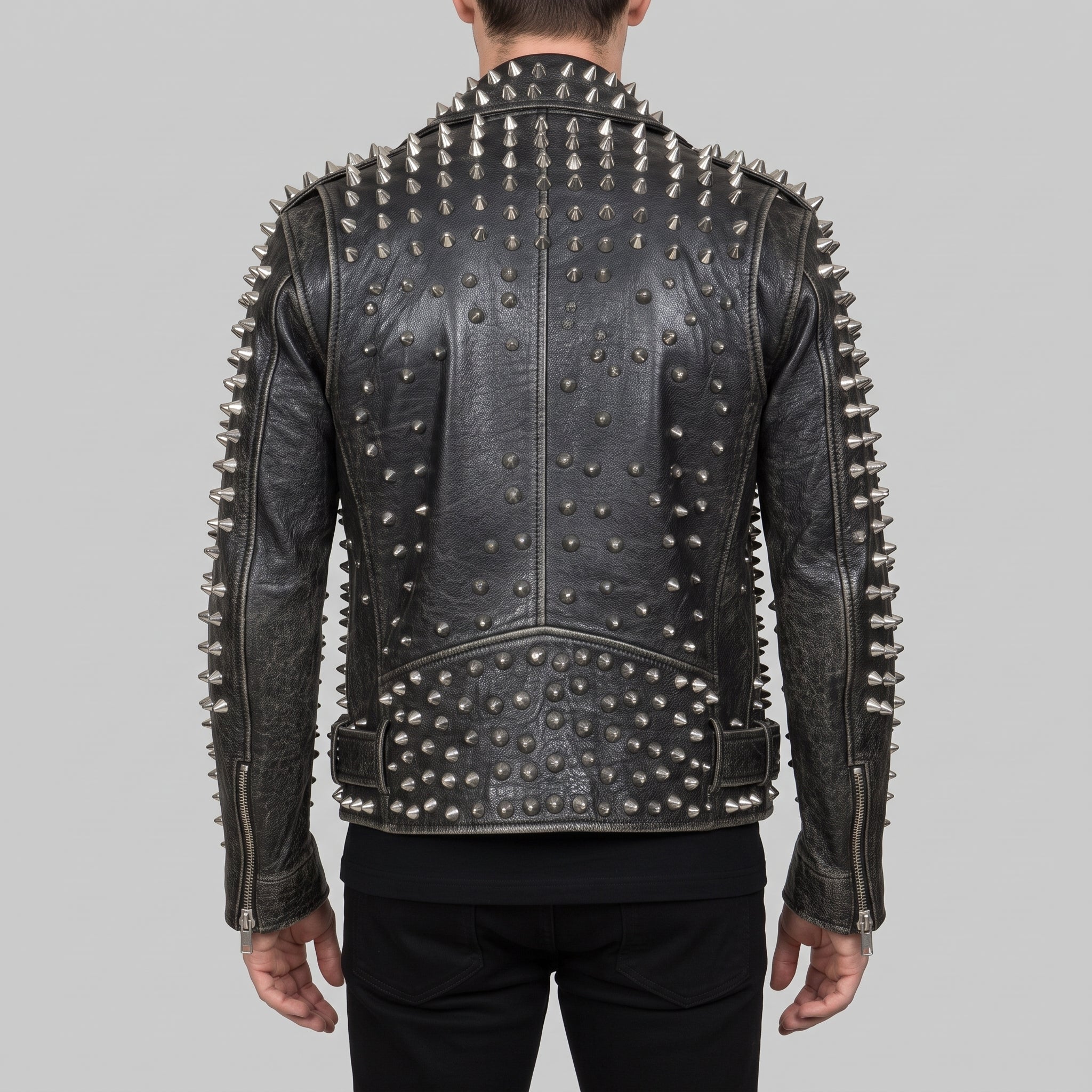 Men's Black Silver Studded Leather Biker Jacket — Nafferton