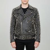 Men's Black Silver Studded Leather Biker Jacket — Nafferton