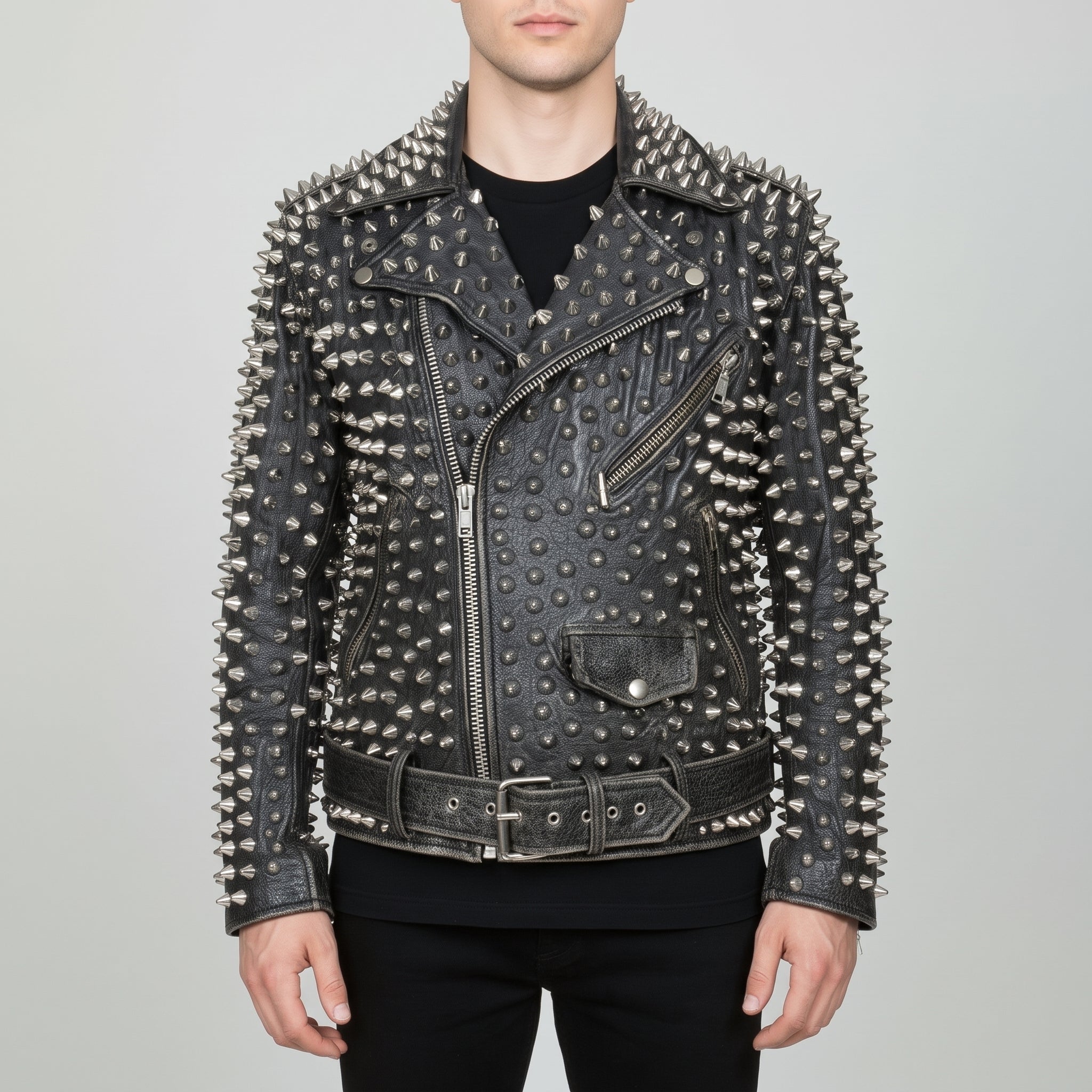 Men's Black Silver Studded Leather Biker Jacket — Nafferton