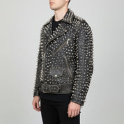 Men's Black Silver Studded Leather Biker Jacket — Nafferton