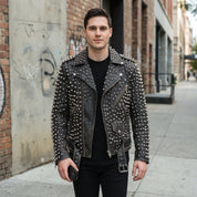 Men's Black Silver Studded Leather Biker Jacket — Nafferton