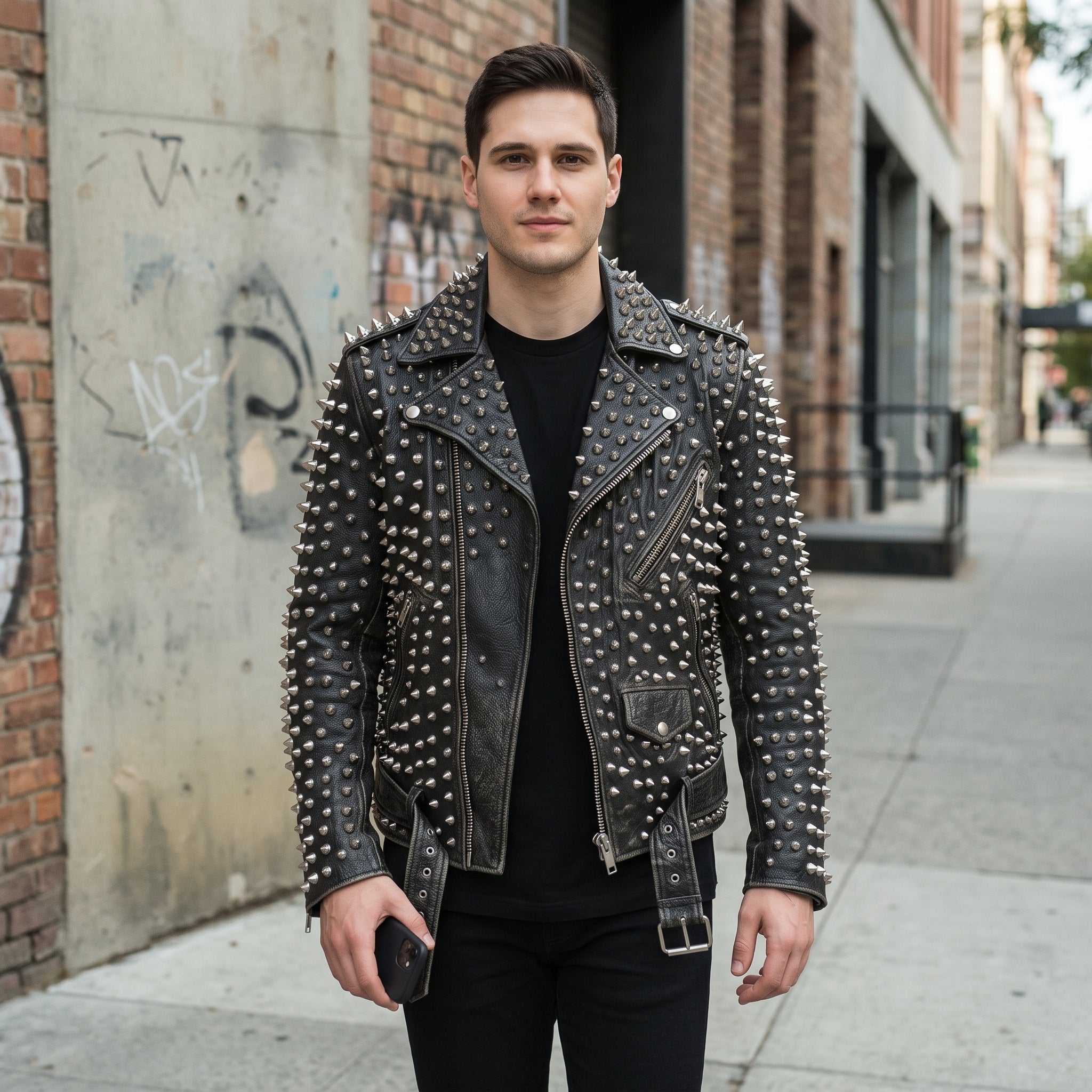 Men's Black Silver Studded Leather Biker Jacket — Nafferton