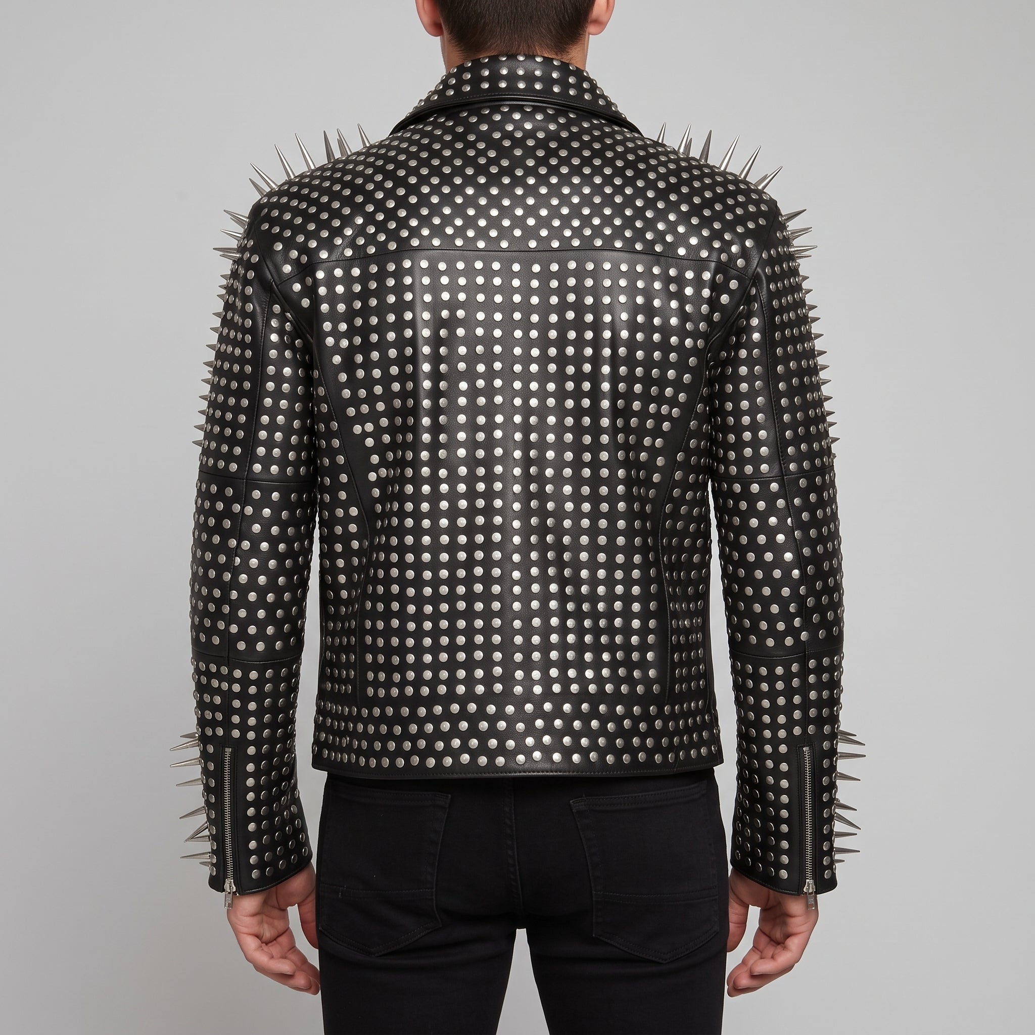 Men's Black Silver Studded Leather Biker Jacket — Norfolk