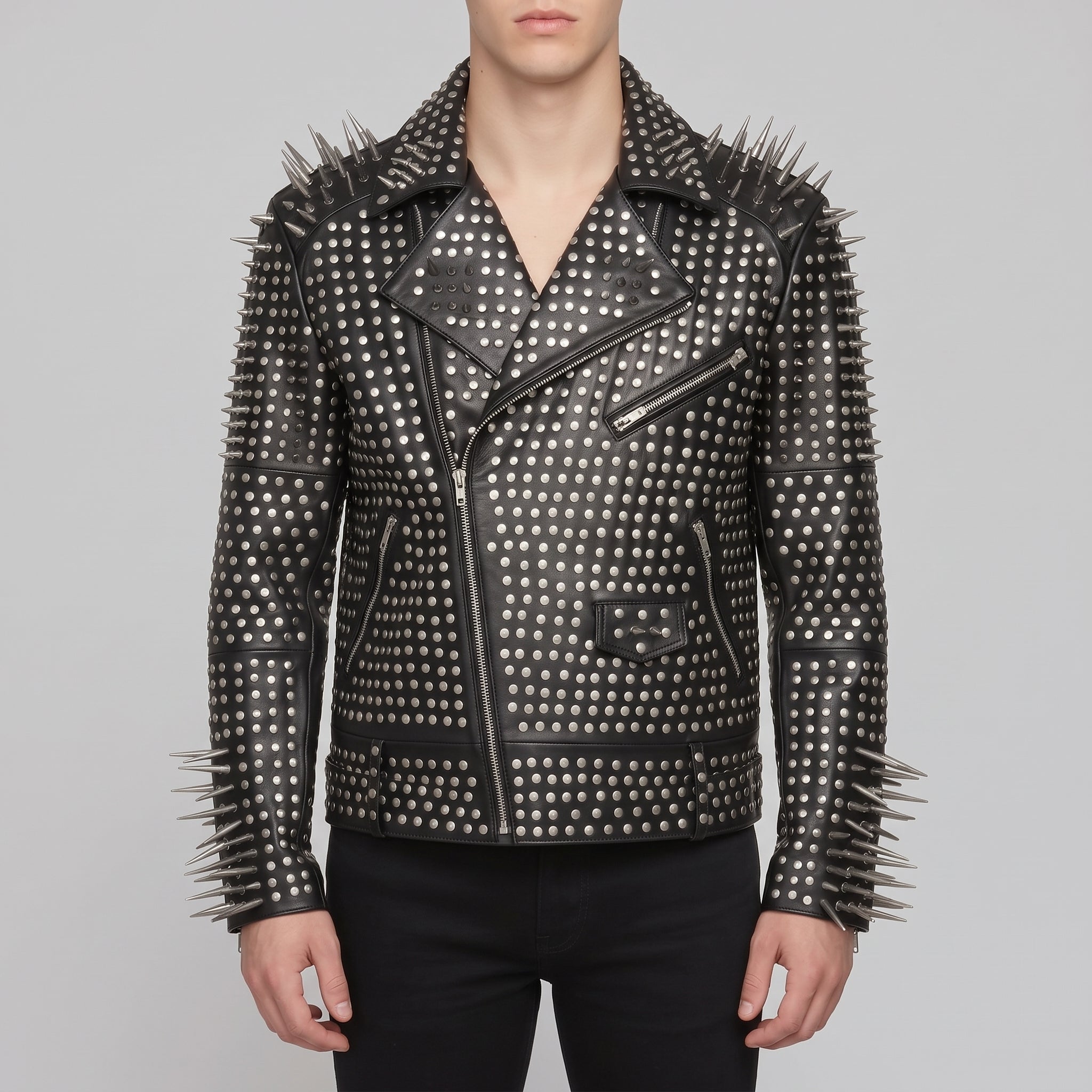 Men's Black Silver Studded Leather Biker Jacket — Norfolk