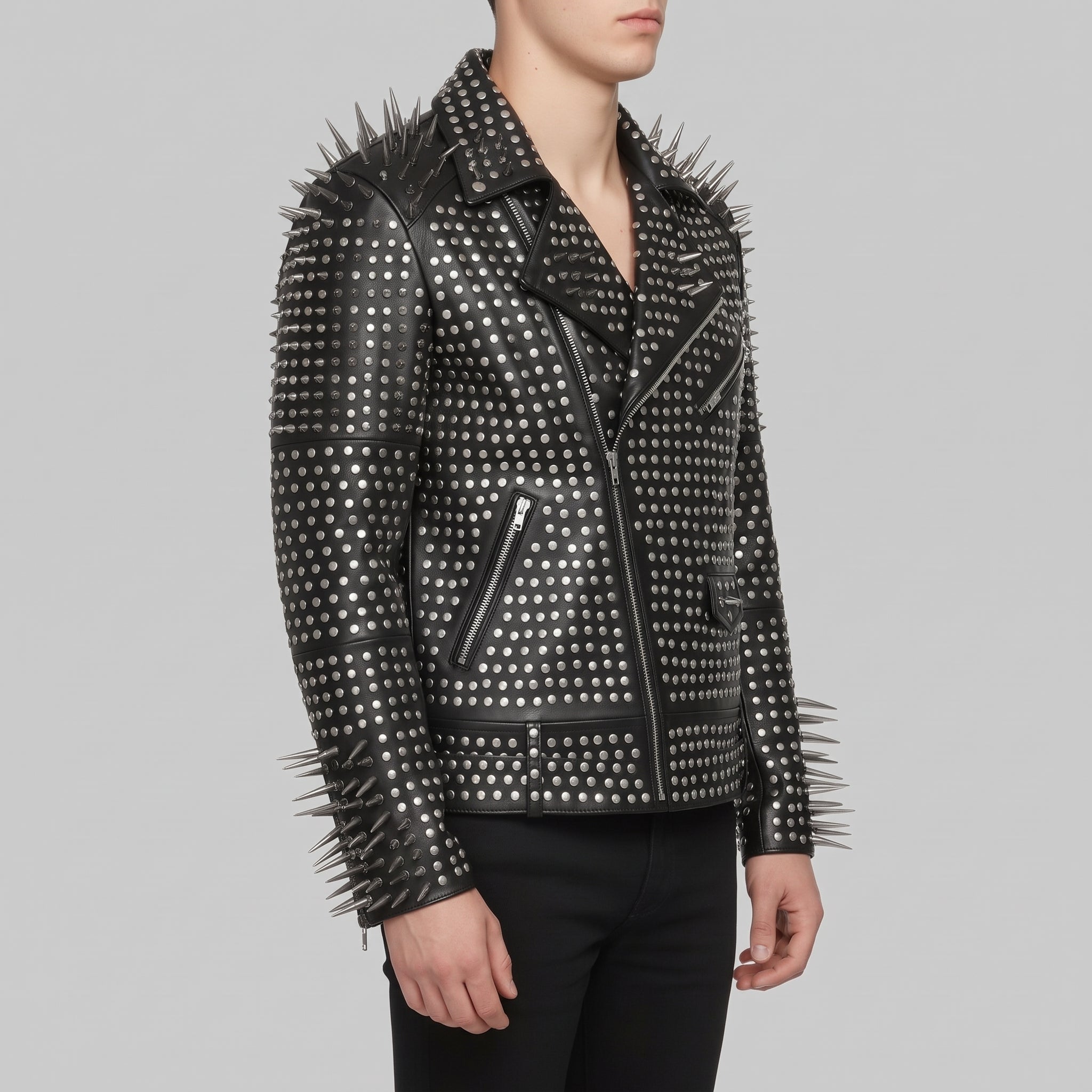 Men's Black Silver Studded Leather Biker Jacket — Norfolk