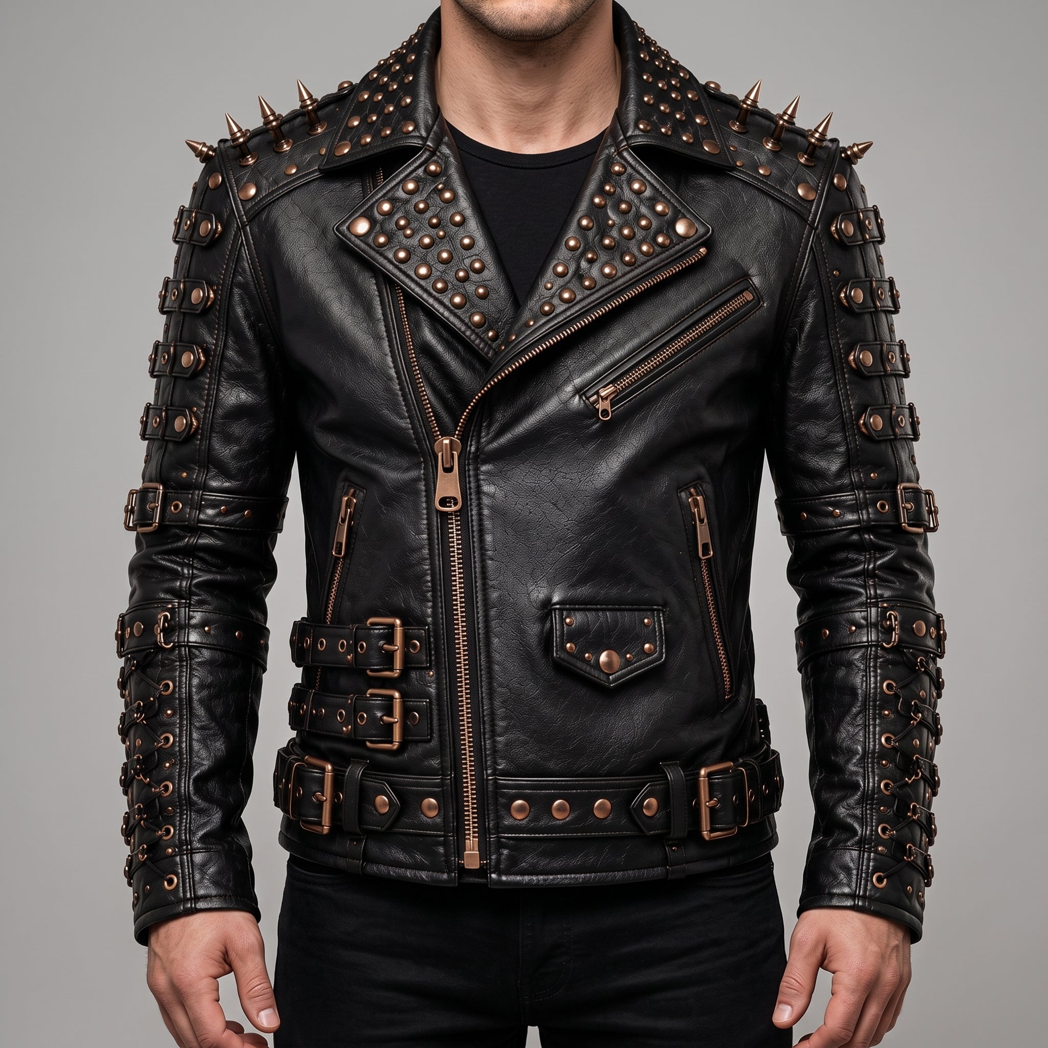 Men's Black Studded Leather Biker Jacket — Ackstone