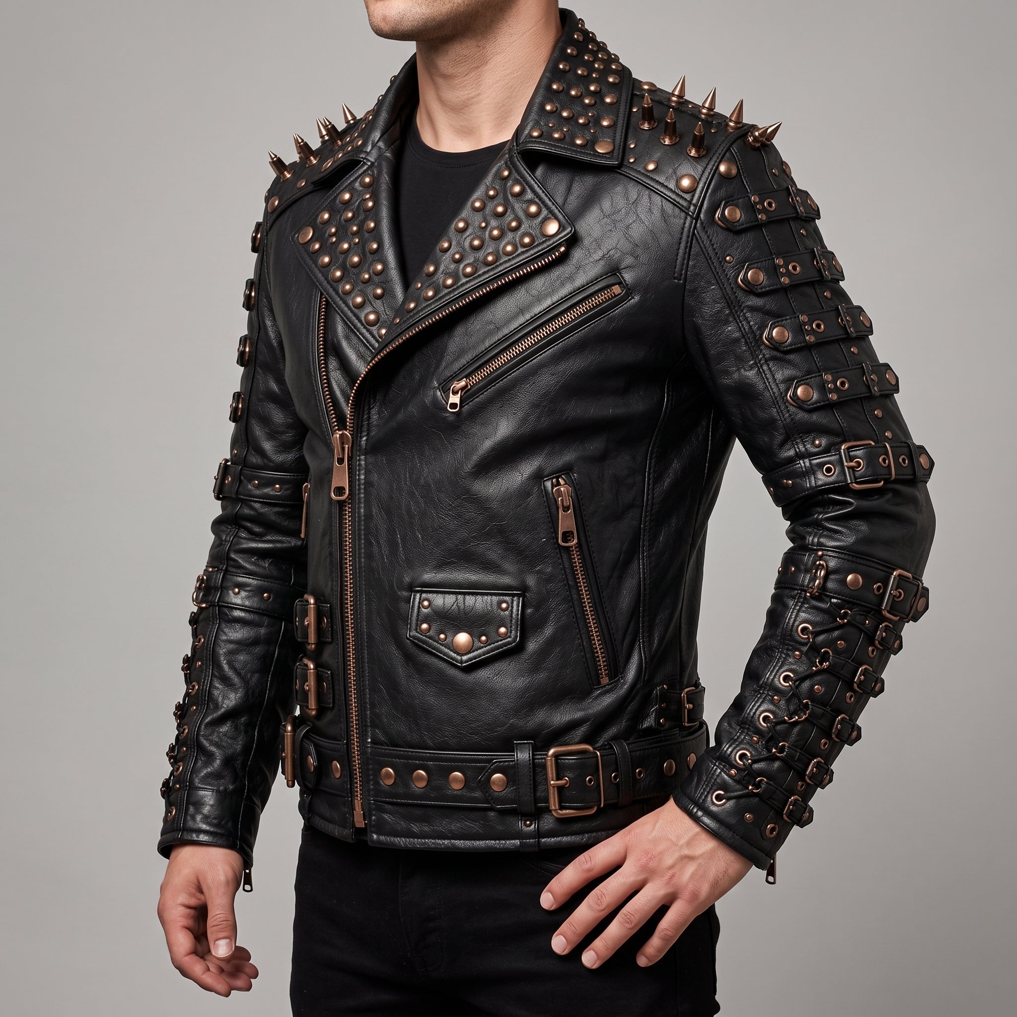 Men's Black Studded Leather Biker Jacket — Ackstone