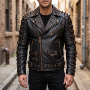 Men's Black Studded Leather Biker Jacket — Ackstone