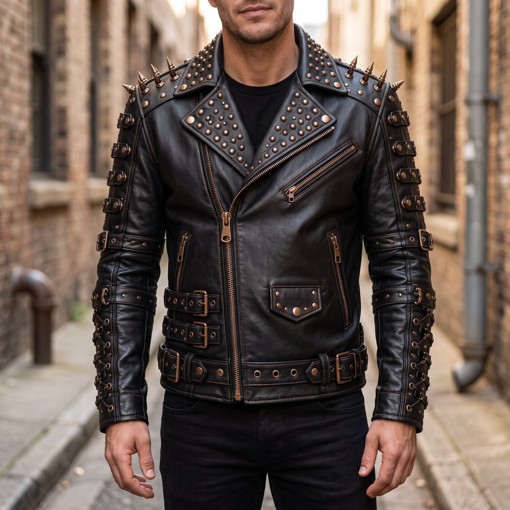 Men's Black Studded Leather Biker Jacket — Ackstone