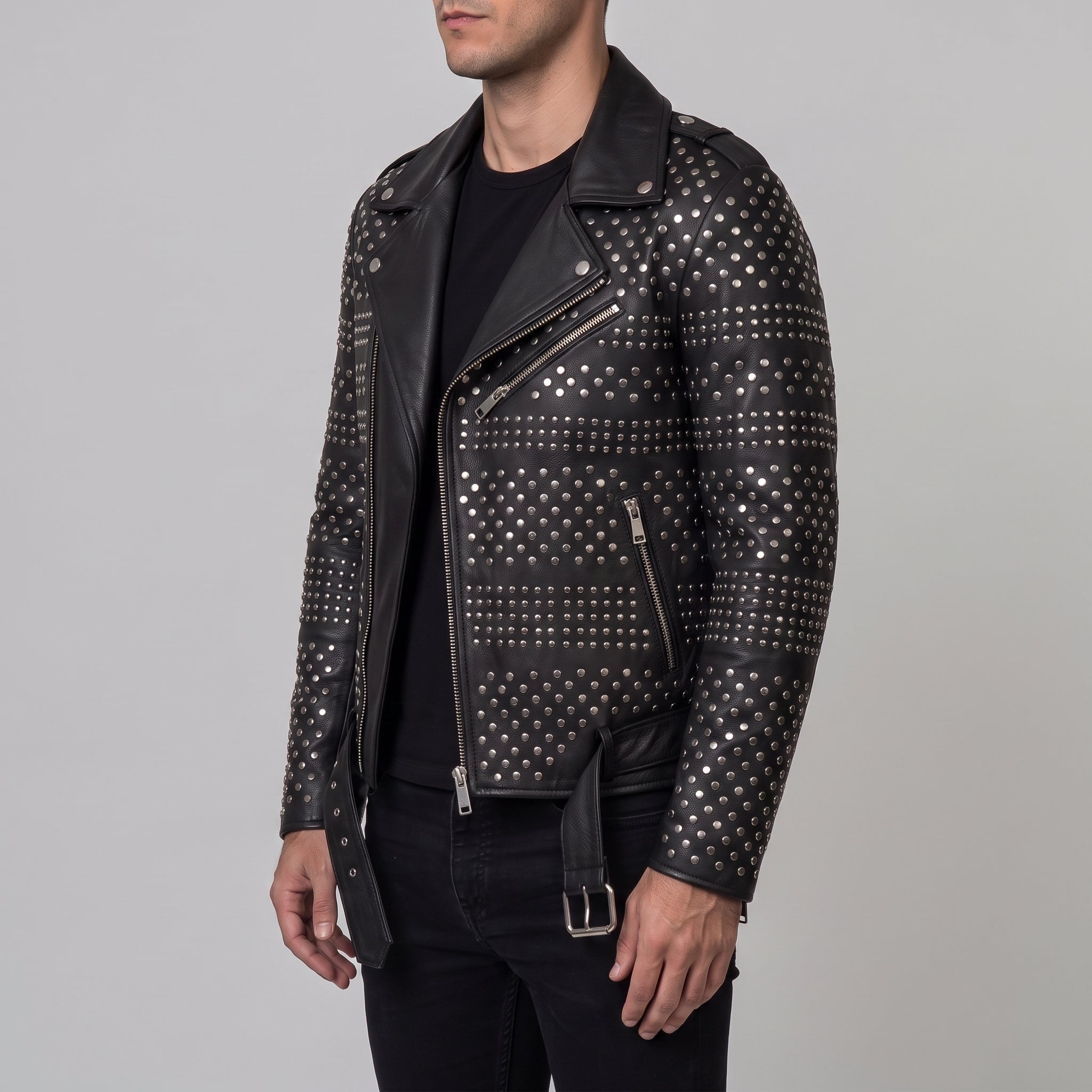 Men's Black Studded Leather Biker Jacket — Abberidge