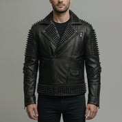 Men's Black Studded Leather Biker Jacket — Abberstone