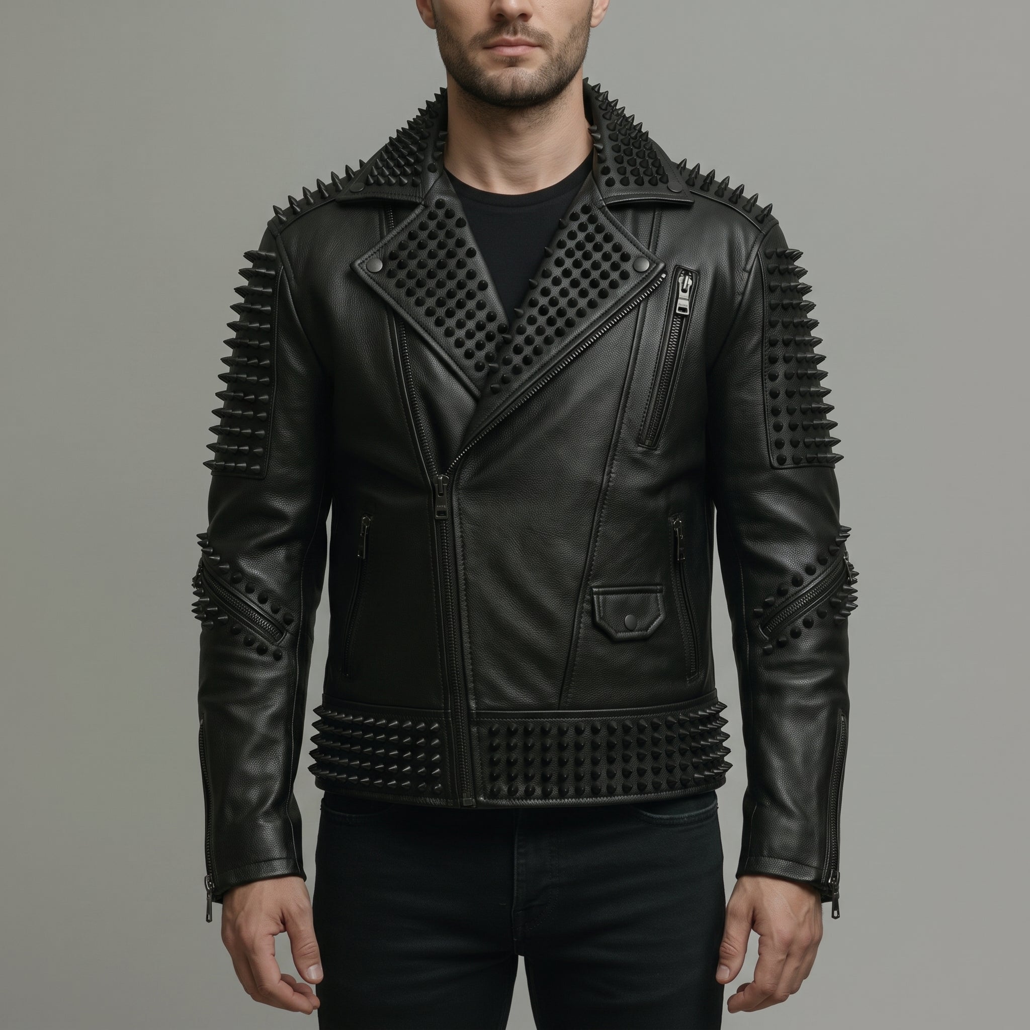 Men's Black Studded Leather Biker Jacket — Abberstone