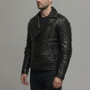 Men's Black Studded Leather Biker Jacket — Abberstone