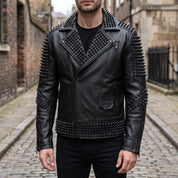 Men's Black Studded Leather Biker Jacket — Abberstone