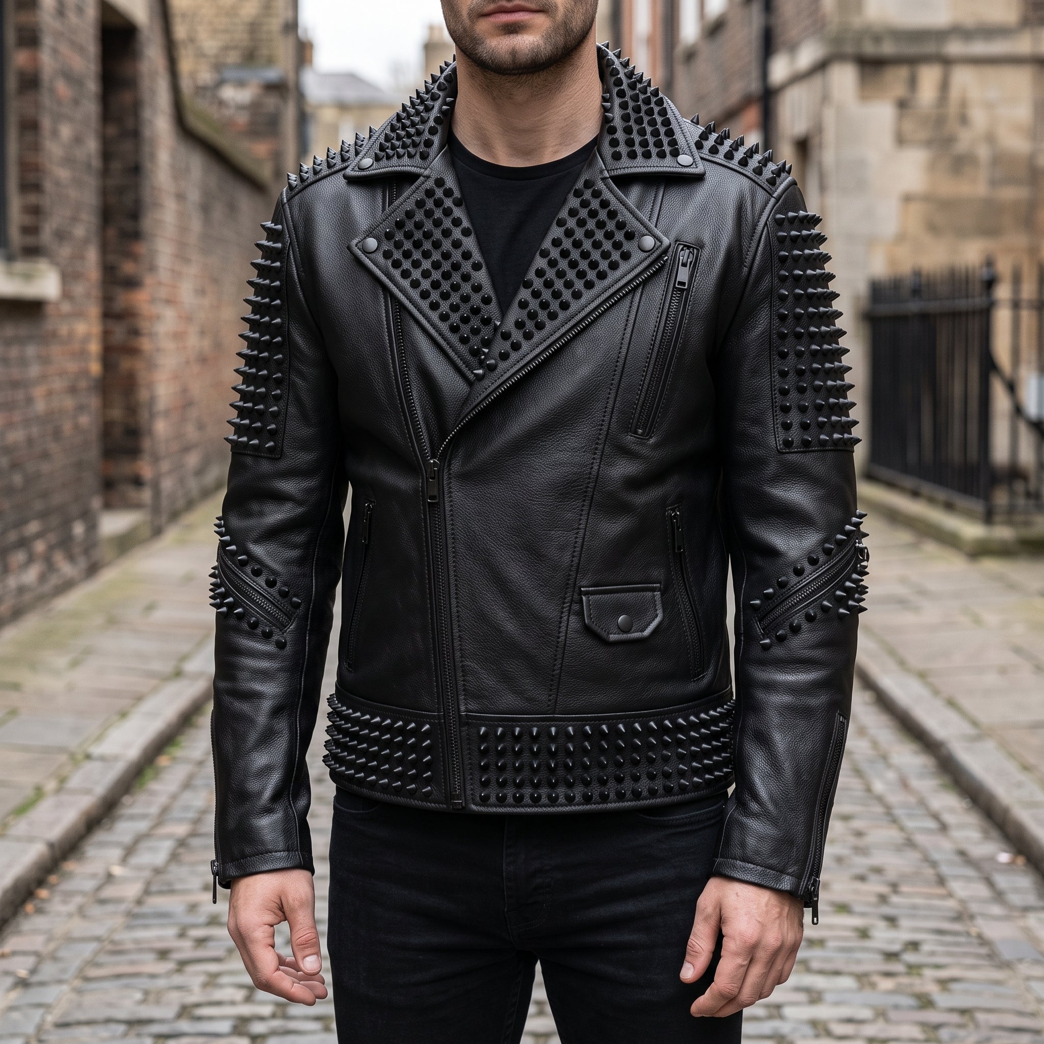 Men's Black Studded Leather Biker Jacket — Abberstone