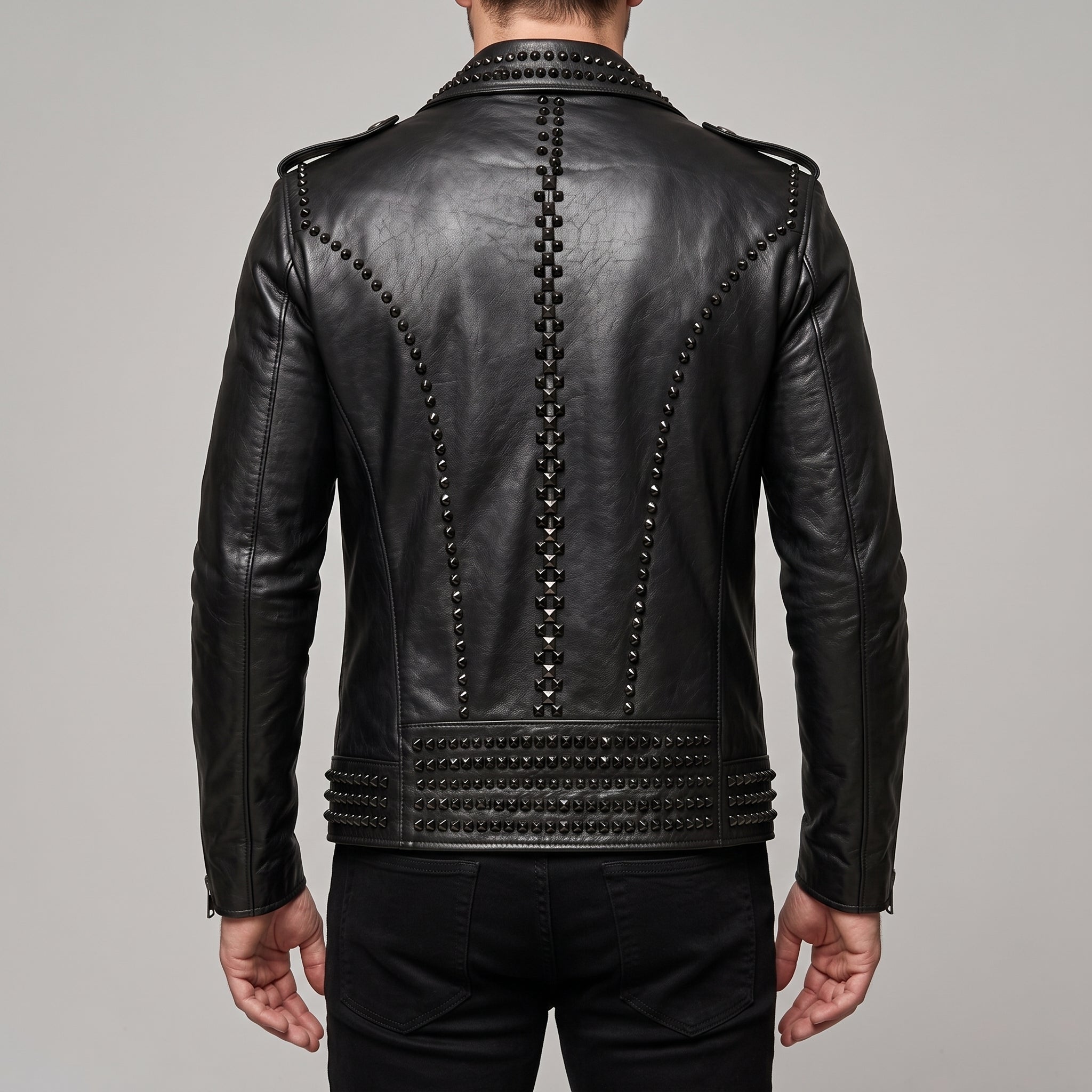 Men's Black Studded Leather Biker Jacket — Abberthorpe