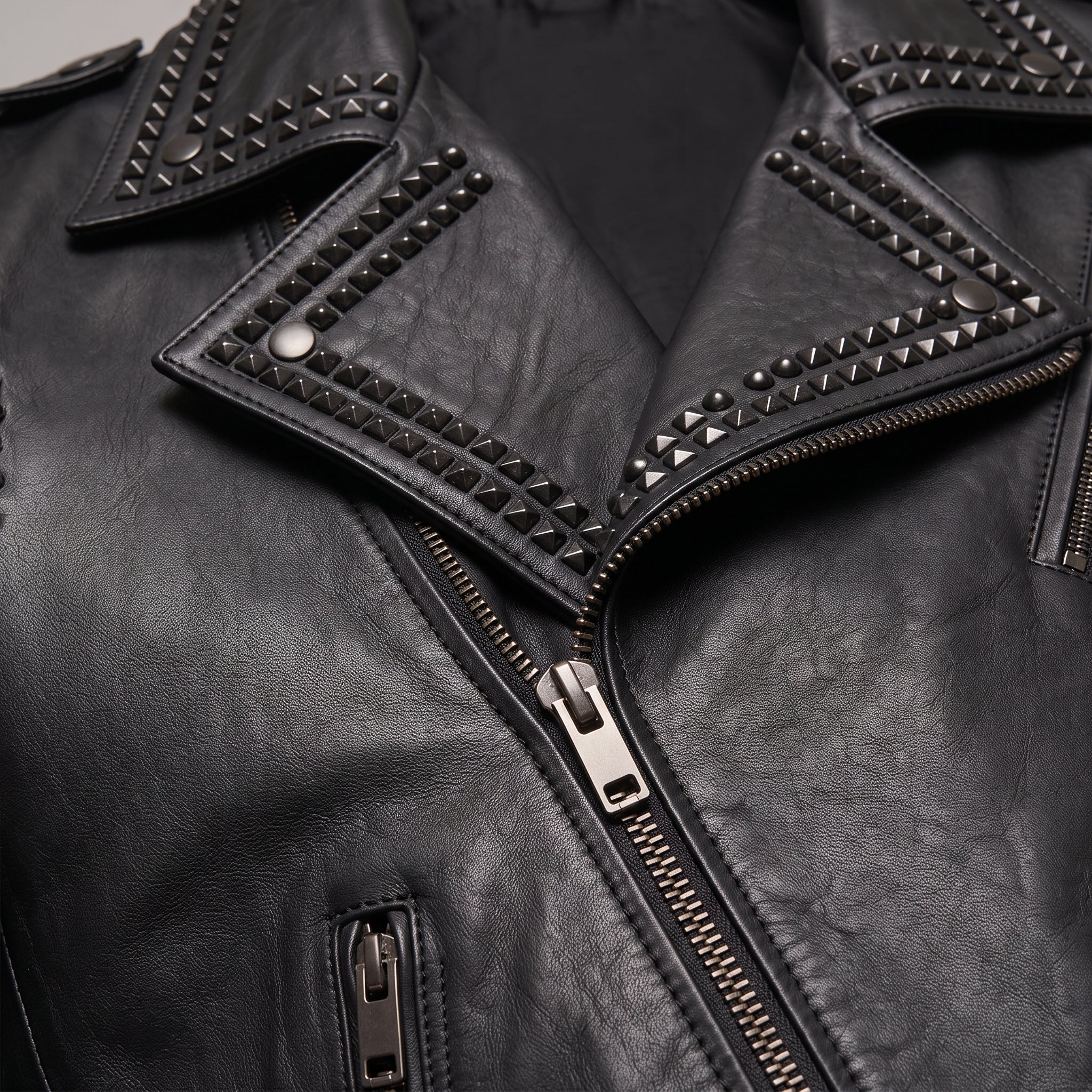 Men's Black Studded Leather Biker Jacket — Abberthorpe
