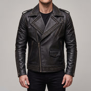Men's Black Studded Leather Biker Jacket — Abberthorpe