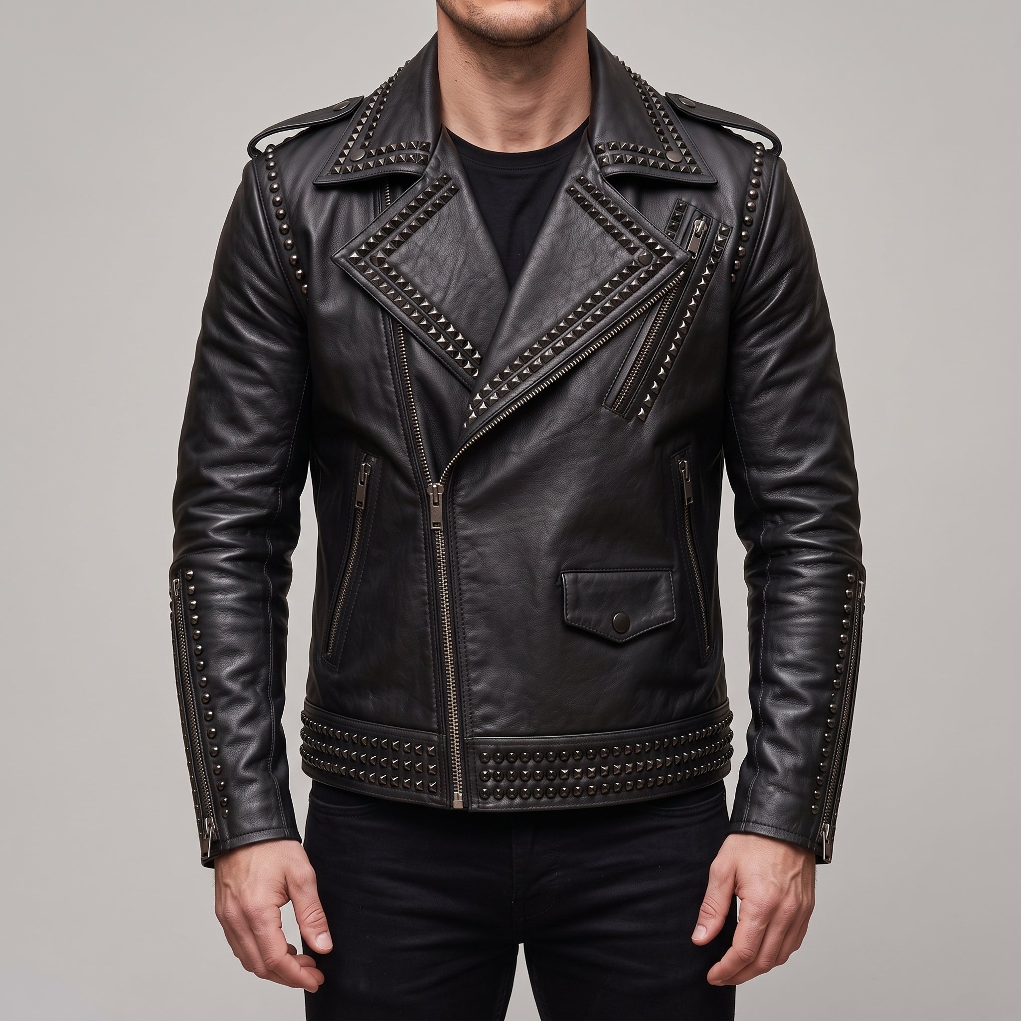 Men's Black Studded Leather Biker Jacket — Abberthorpe