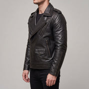 Men's Black Studded Leather Biker Jacket — Abberthorpe