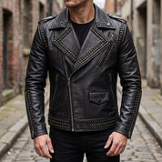 Men's Black Studded Leather Biker Jacket — Abberthorpe