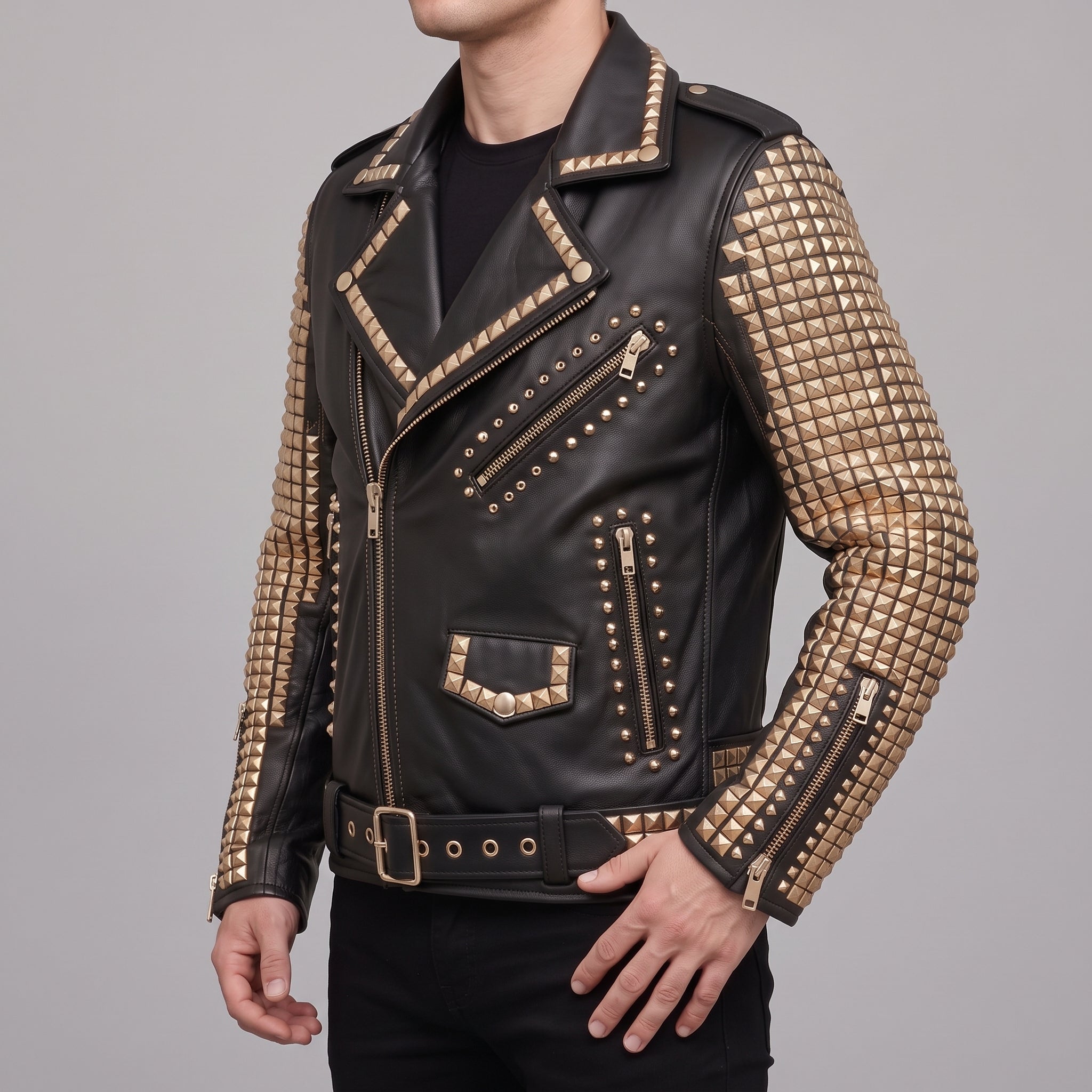Men's Black Studded Leather Biker Jacket — Ackwood