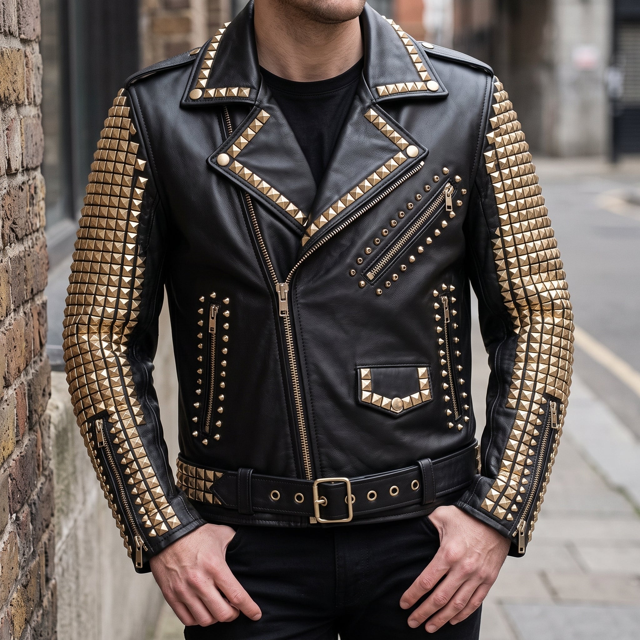 Men's Black Studded Leather Biker Jacket — Ackwood