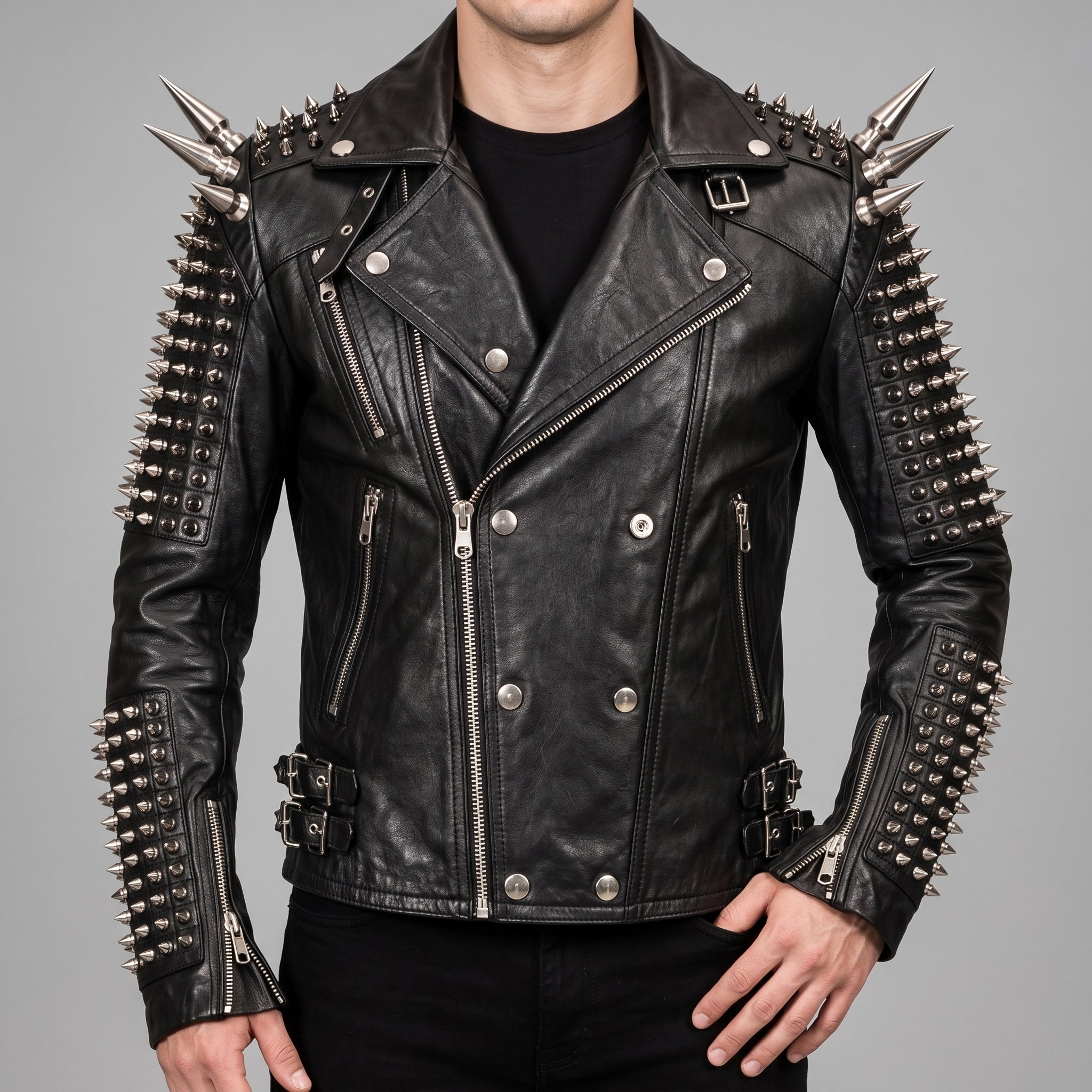Men's Black Studded Leather Perfecto Jacket — Acreford