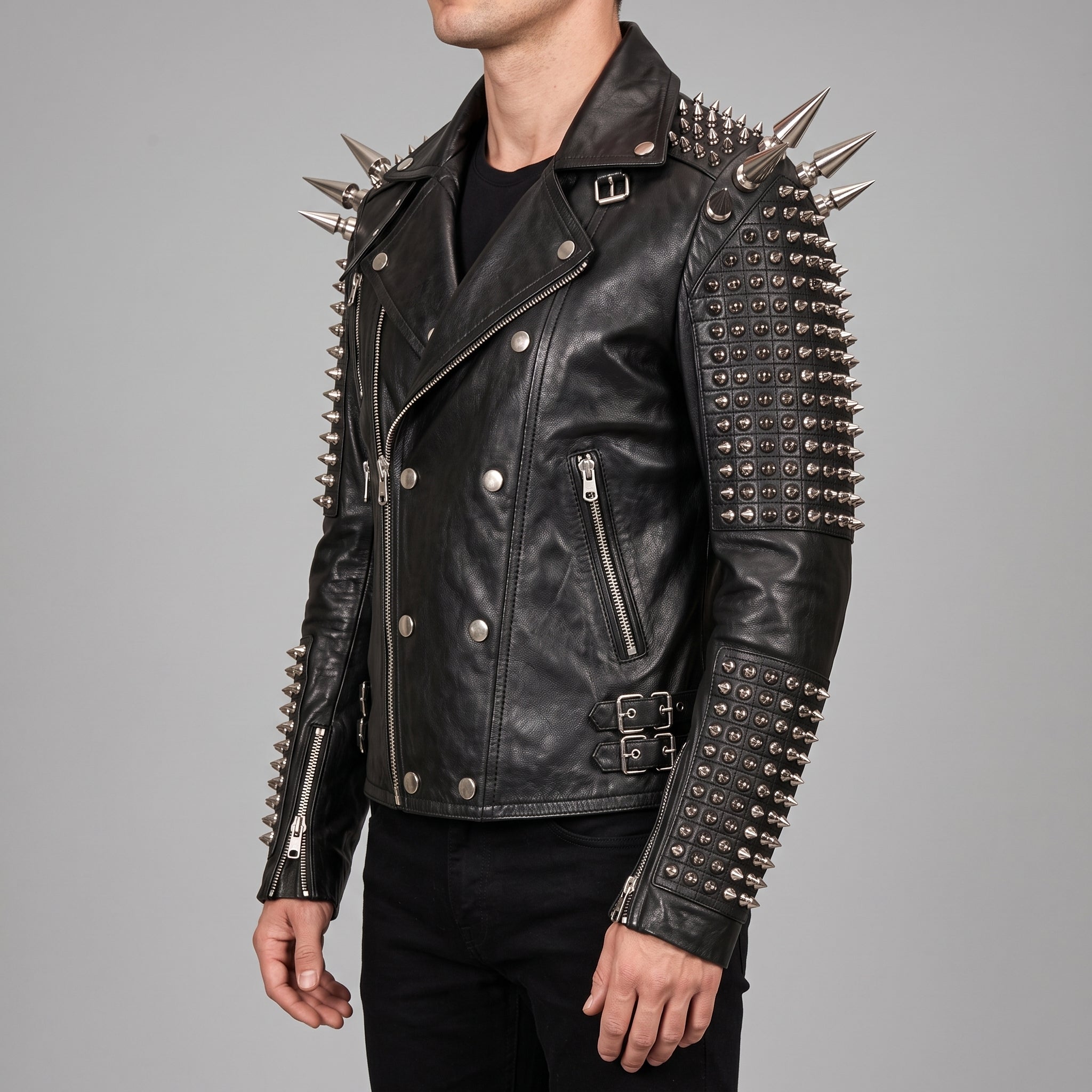 Men's Black Studded Leather Perfecto Jacket — Acreford