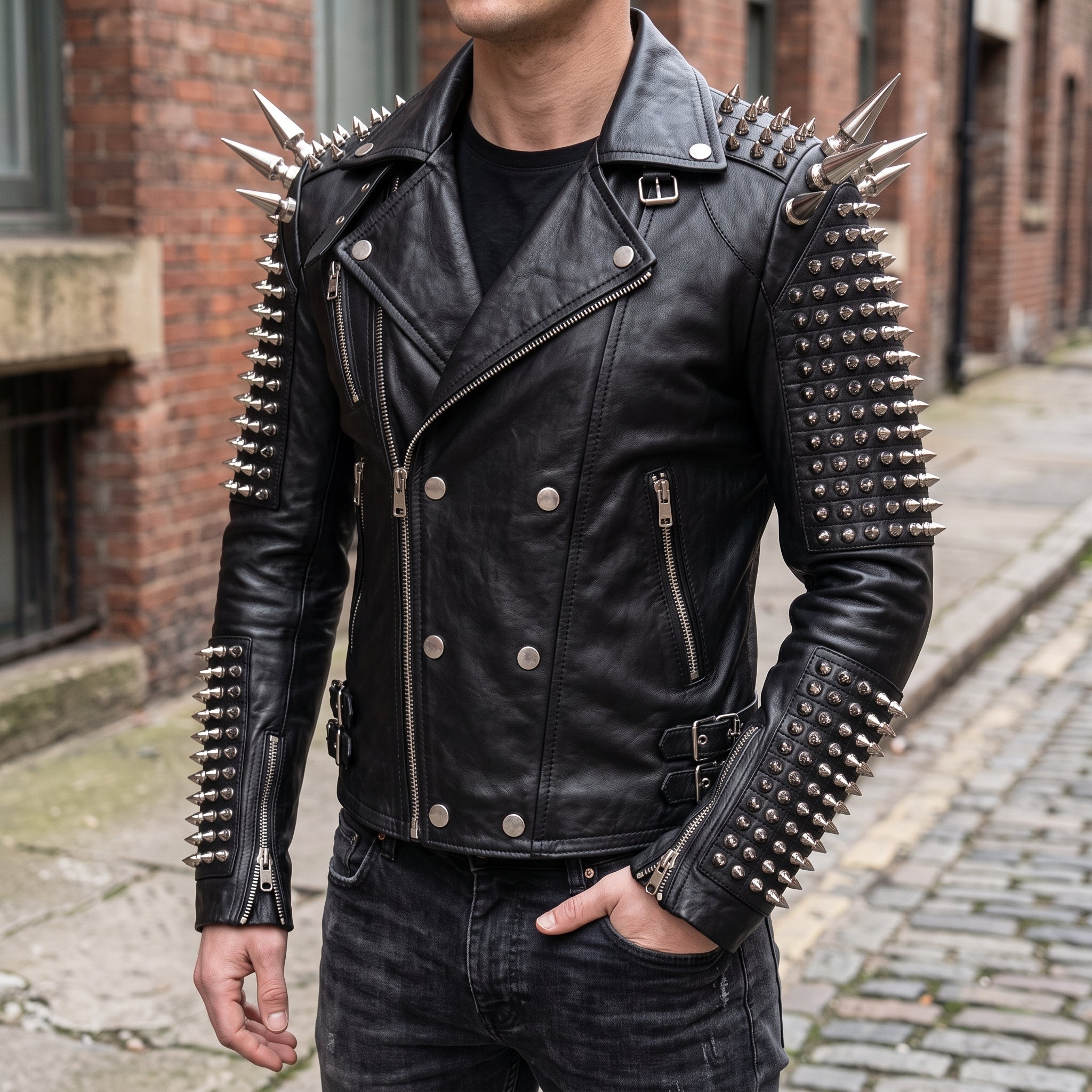 Men's Black Studded Leather Perfecto Jacket — Acreford