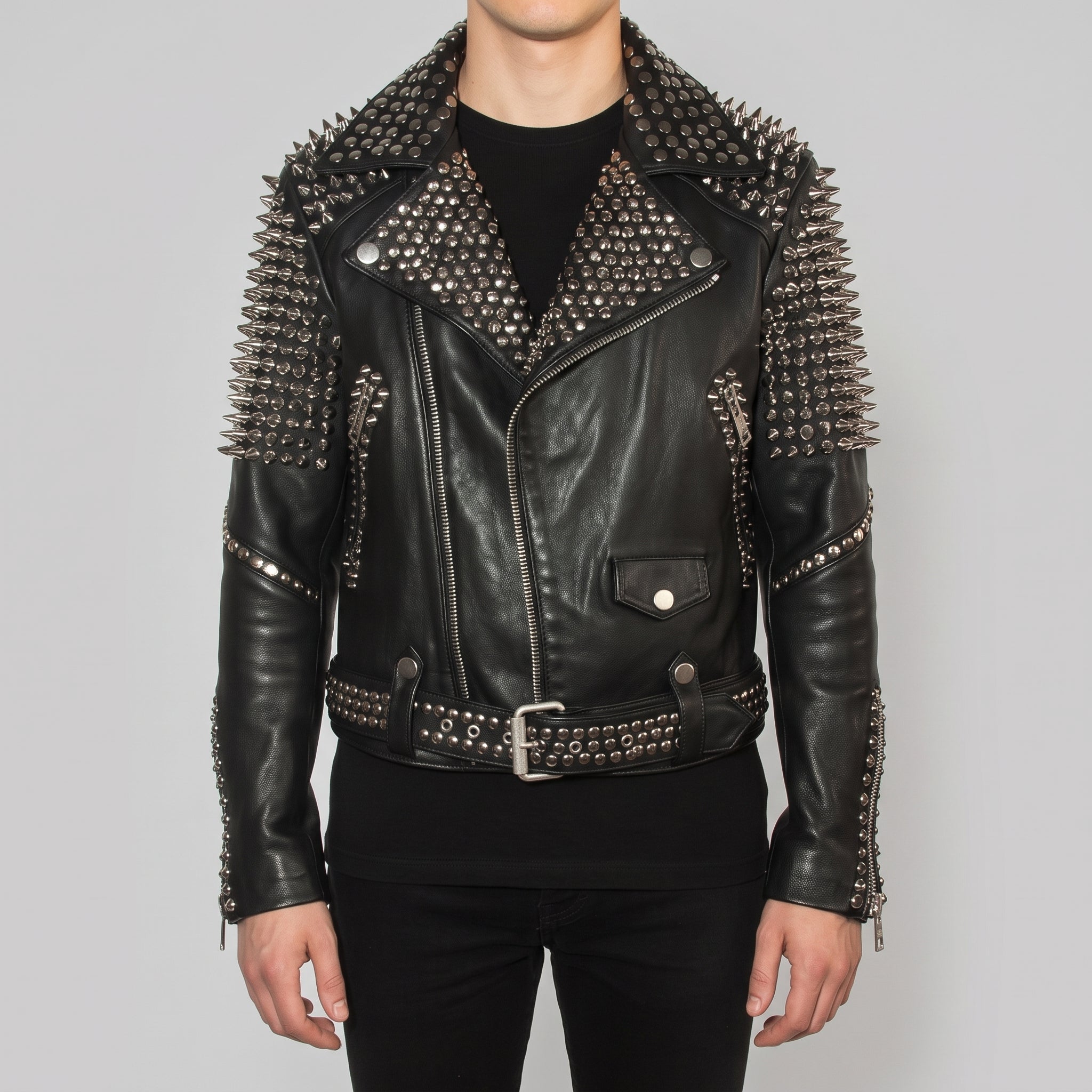 Men's Black Studded Leather Biker Jacket — Altham
