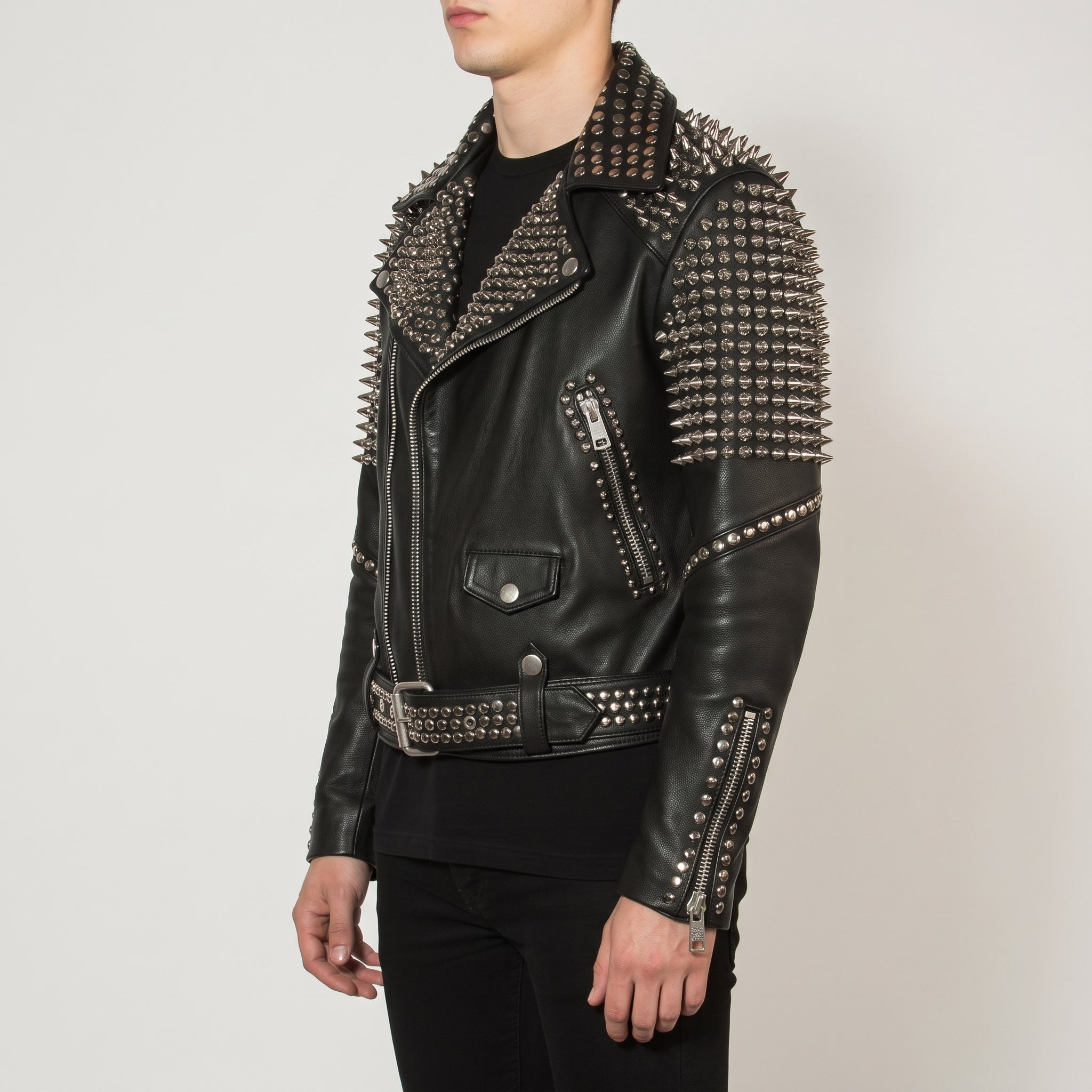 Men's Black Studded Leather Biker Jacket — Altham