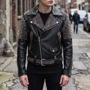 Men's Black Studded Leather Biker Jacket — Altham