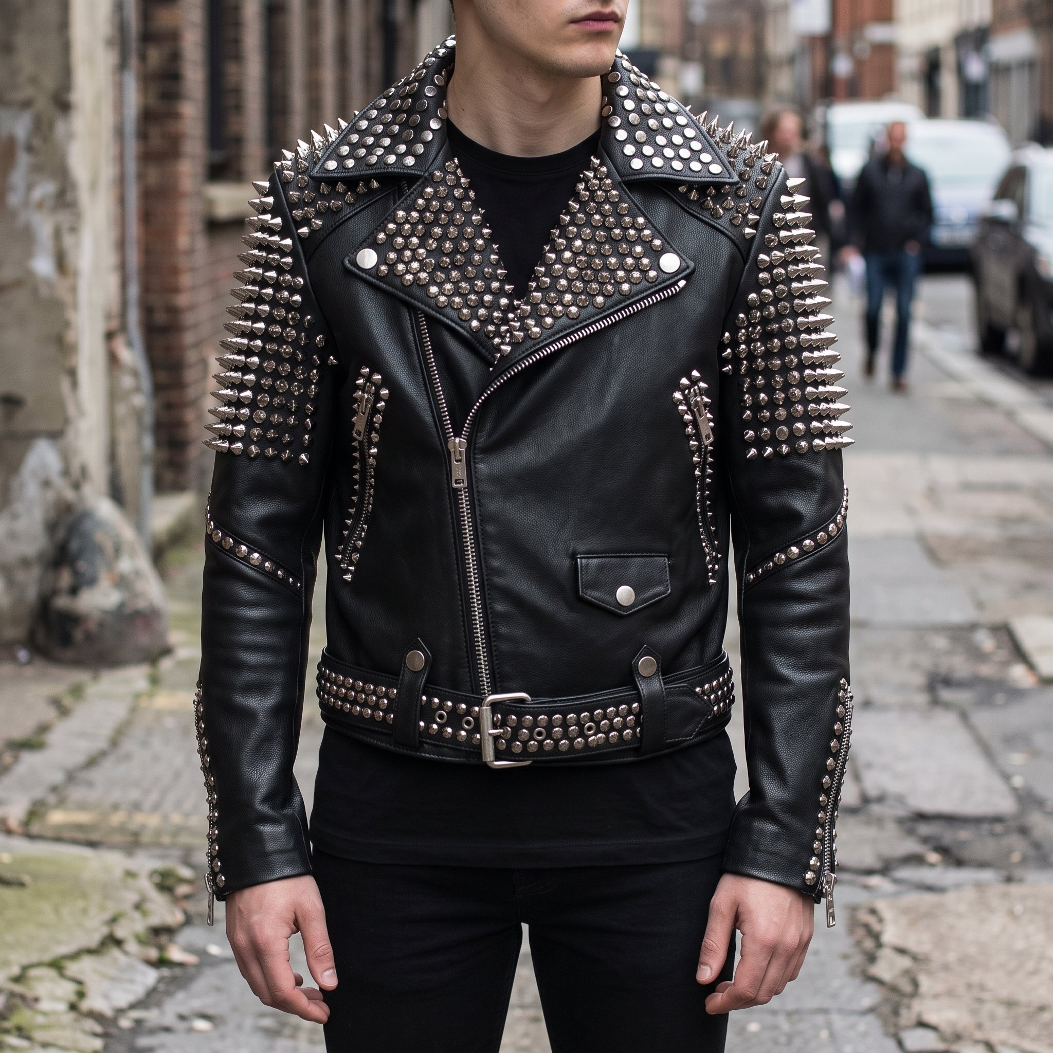 Men's Black Studded Leather Biker Jacket — Altham