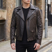 Men's Black Studded Leather Biker Jacket — Burbidge