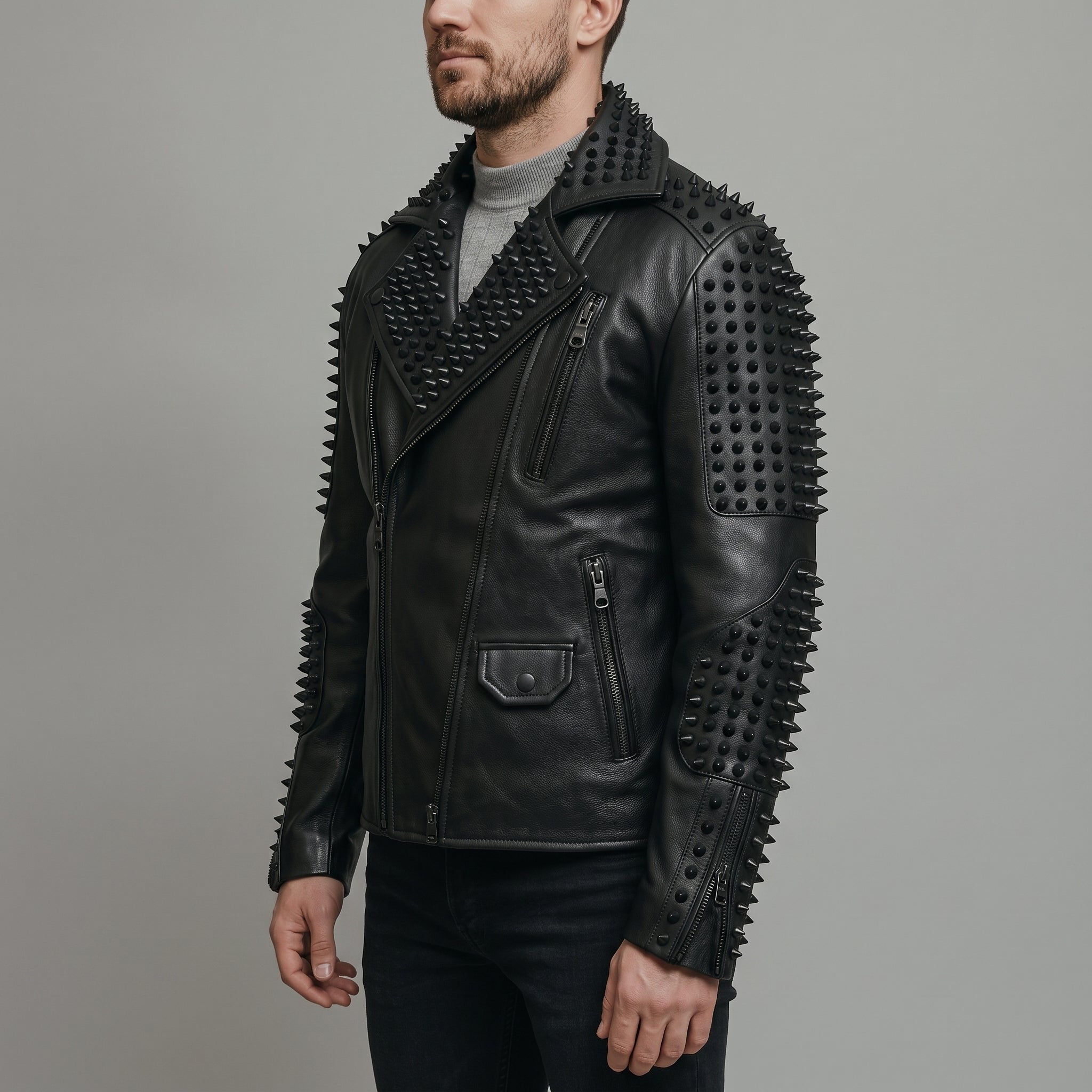 Men's Black Studded Leather Biker Jacket — Carroll