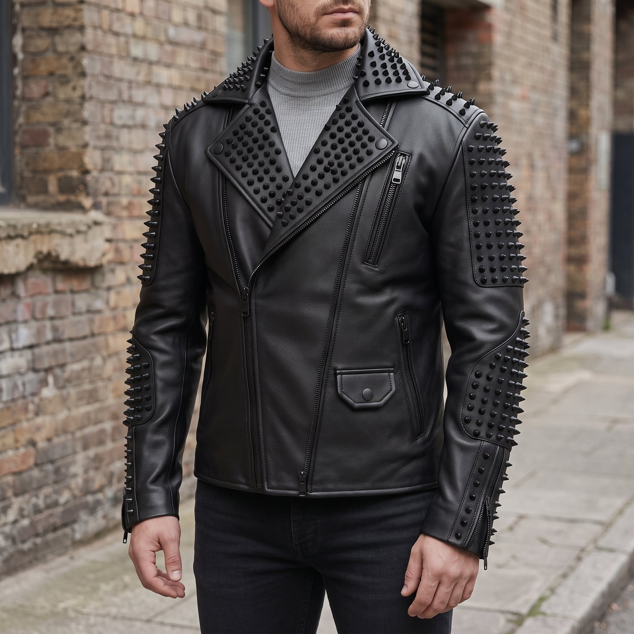 Men's Black Studded Leather Biker Jacket — Carroll
