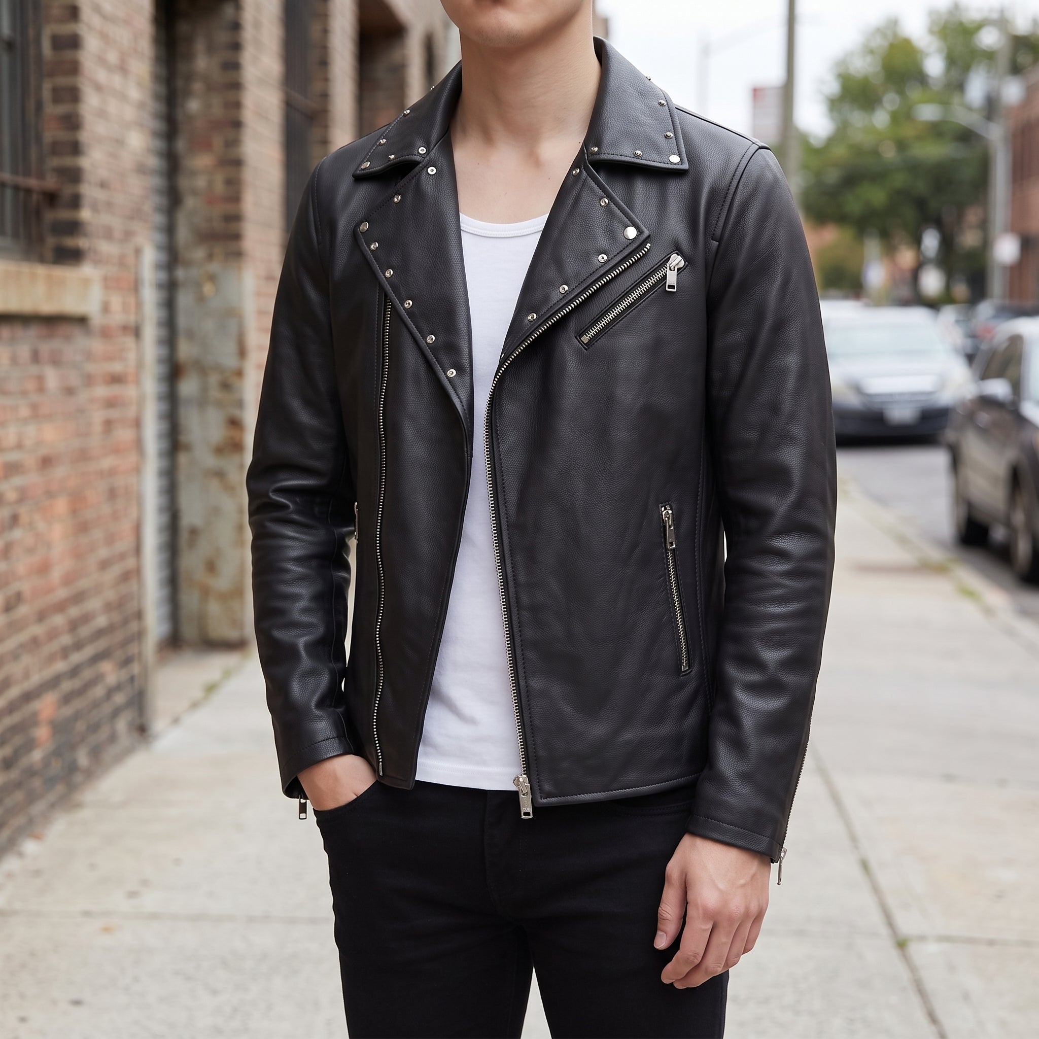 Men's Black Studded Leather Biker Jacket — Fossett