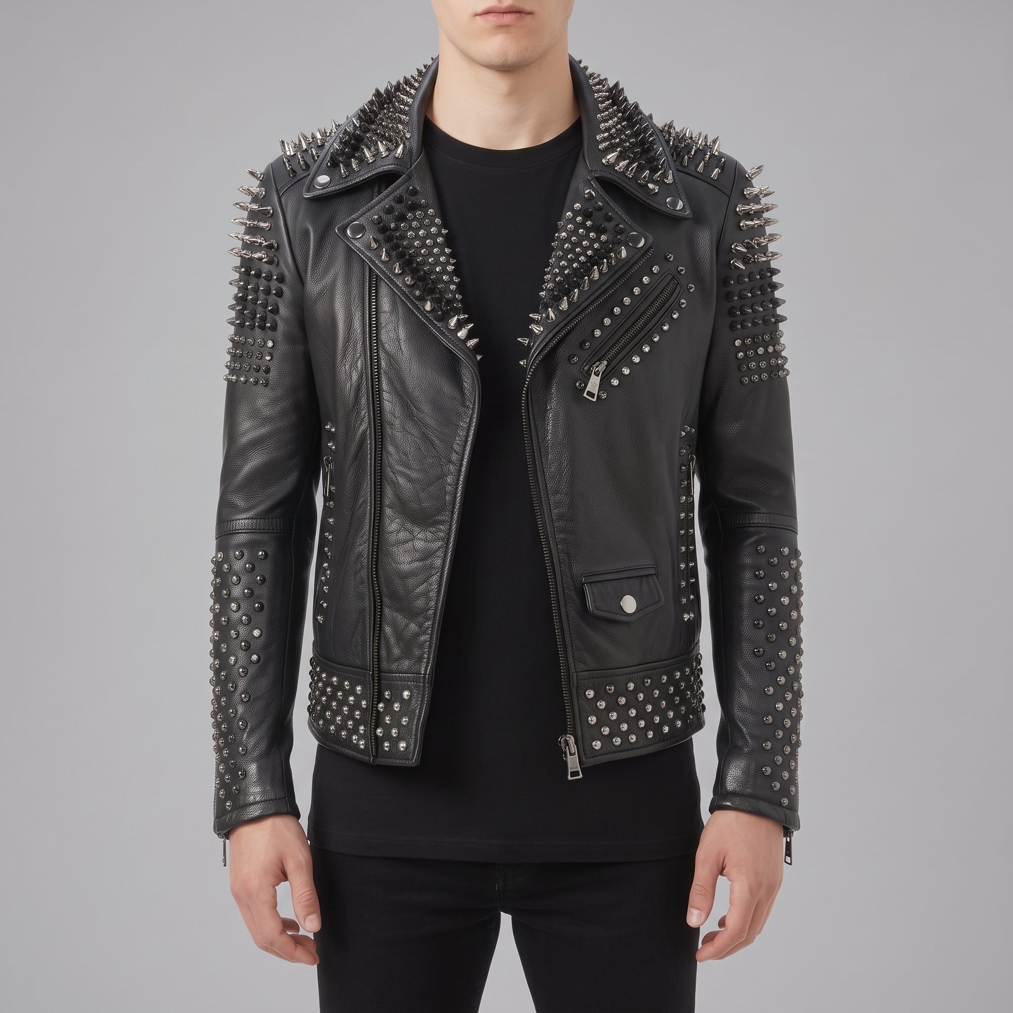 Men's Black Studded Leather Biker Jacket — Lockwood